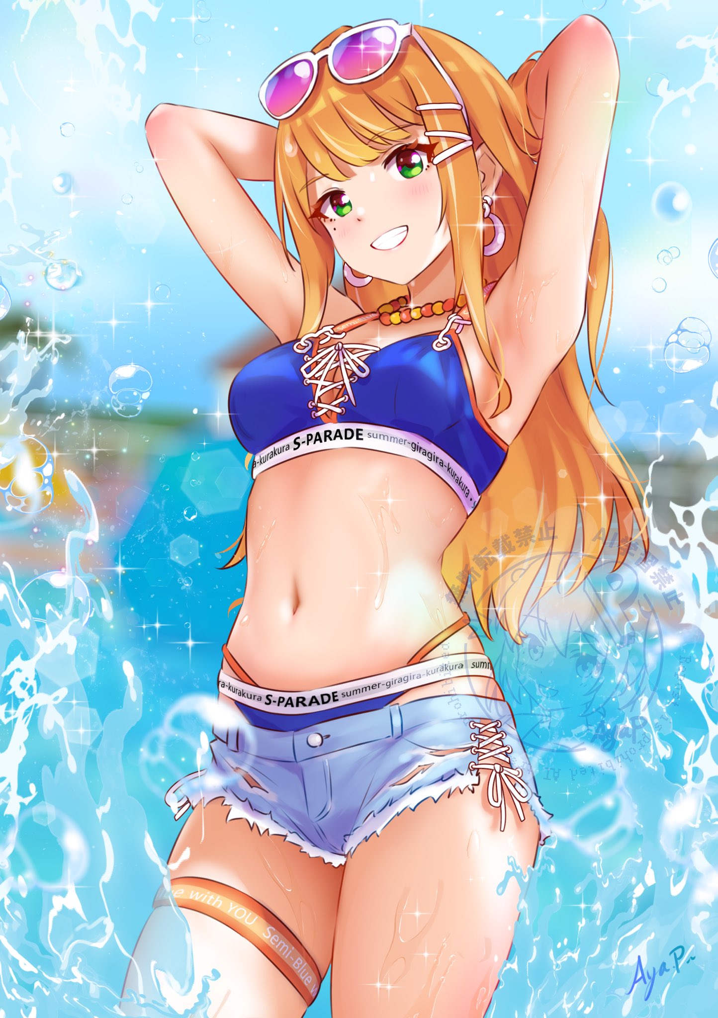 koaya, shiun sumika, gakuen idolmaster, idolmaster, highres, 1girl, armpits, arms behind head, arms up, bikini, bikini under shorts, blue bikini, blue shorts, breasts, cowboy shot, cutoff jeans, cutoffs, denim, denim shorts, eyewear on head, green eyes, kimi to semi blue (idolmaster), long hair, looking at viewer, medium breasts, mole, mole under eye, navel, official alternate costume, orange hair, shorts, signature, smile, solo, stomach, sunglasses, swimsuit, thigh strap, water, white-framed eyewear