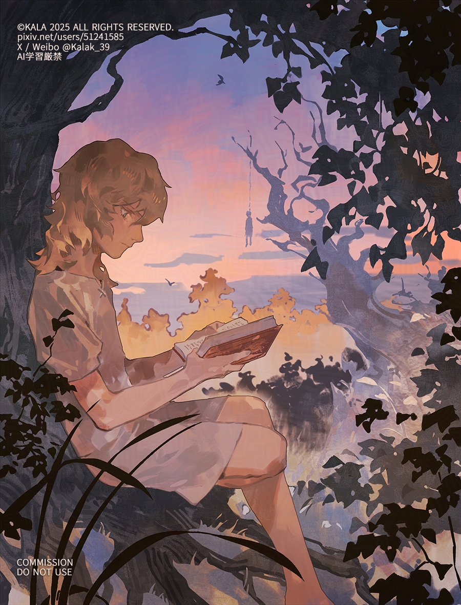 kalak 39, louis (metaphor: refantazio), metaphor: refantazio, commentary request, commission, spoilers, 1boy, 1other, against tree, aged down, blonde hair, blue eyes, book, closed mouth, death, from side, gradient sky, grass, hair between eyes, hanged, holding, holding book, leaf, looking at object, male focus, medium hair, open book, orange sky, outdoors, pixiv id, profile, purple sky, reading, shirt, short sleeves, shorts, simple bird, sitting, sky, solo focus, tree, twitter username, weibo username, white shirt, white shorts