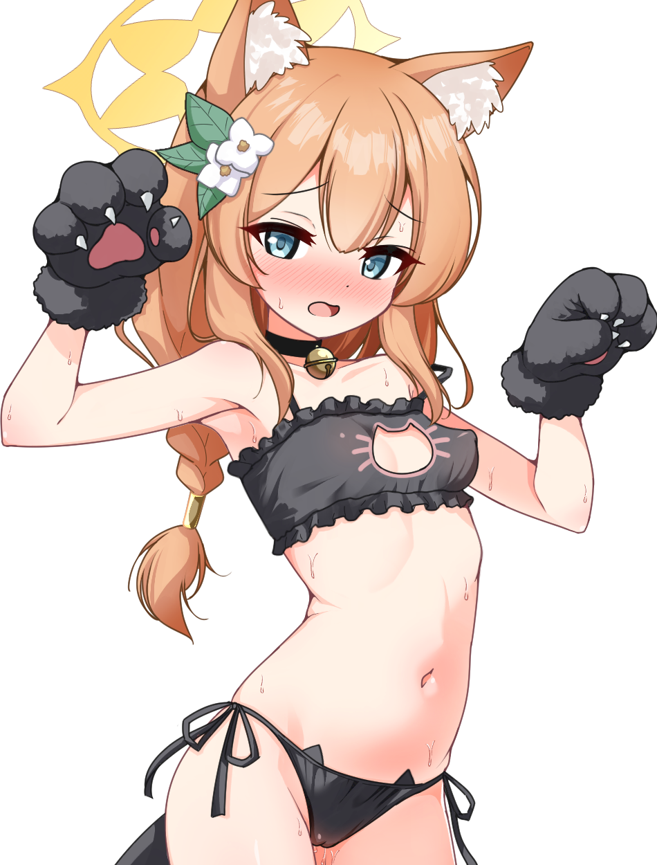 mamiyahara hitoshige, mari (blue archive), blue archive, highres, 1girl, animal ear fluff, animal ears, armpits, bell, black collar, black panties, blue eyes, blush, braid, breasts, cameltoe, cat cutout, cat ear panties, cat ears, cat lingerie, cleavage cutout, clothing cutout, collar, flower, halo, jingle bell, long hair, looking at viewer, navel, neck bell, open mouth, orange hair, panties, paw pose, side-tie panties, small breasts, solo, standing, tail, underwear, white flower, yellow halo