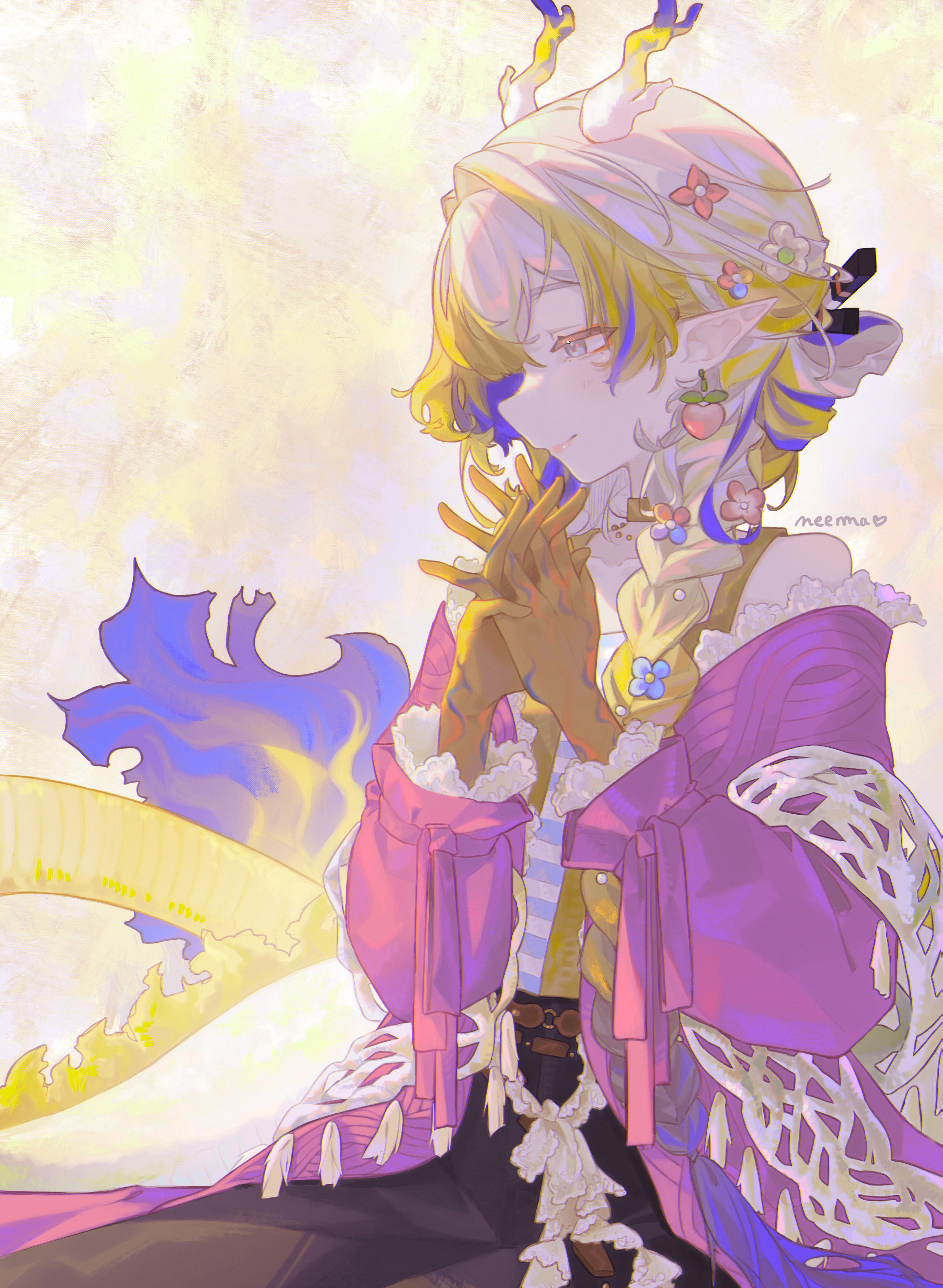 neema (oneemasan), shu (arknights), shu (spring feast) (arknights), arknights, absurdres, commentary, english commentary, highres, 1girl, artist name, bare shoulders, black pants, blonde hair, blue eyes, blue hair, braid, braided ponytail, breasts, choker, colored extremities, dragon girl, dragon horns, dragon tail, earrings, flower, frilled sleeves, frills, grey eyes, hair flower, hair intakes, hair ornament, hair over shoulder, horns, interlocked fingers, jacket, jewelry, multicolored hair, off shoulder, official alternate costume, own hands together, pants, pink jacket, pointy ears, profile, shirt, sitting, small breasts, smile, solo, striped clothes, striped shirt, tail, white hair