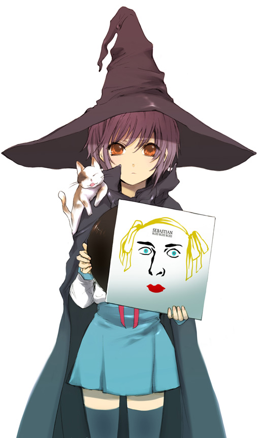 yokoyari mengo, nagato yuki, shamisen (suzumiya haruhi), suzumiya haruhi no yuuutsu, drawing, bad id, bad pixiv id, 00s, 1girl, calico (pattern), calico cat, cat, female focus, hat, school uniform, serafuku, short hair, solo, thighhighs, vinyl record, witch, witch hat