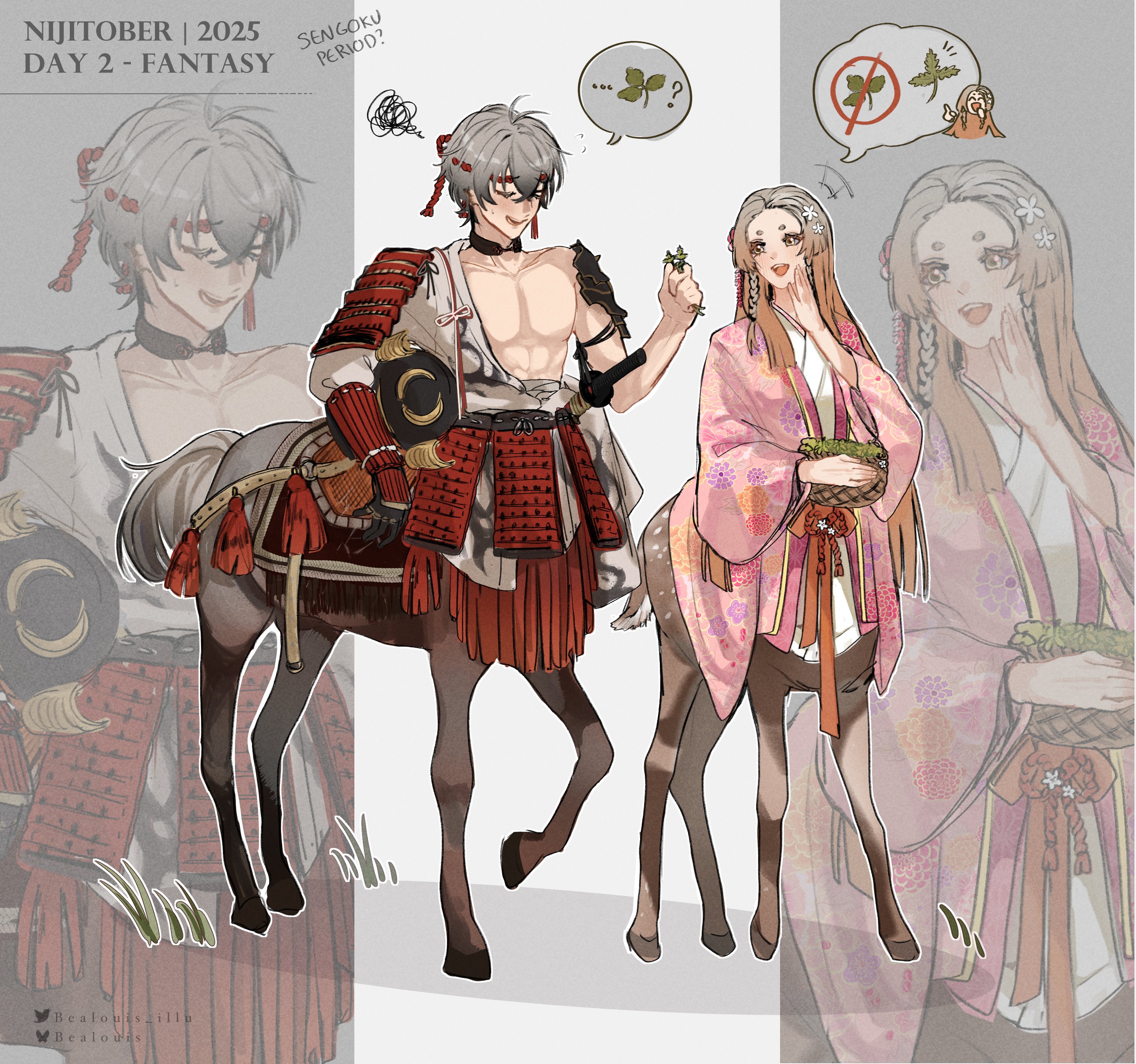 bealouis illu, klara charmwood, ryoma barrenwort, nijisanji, nijisanji en, absurdres, highres, +++, 1boy, 1girl, :d, alternate costume, alternate hairstyle, arm out of sleeve, armor, bandaged waist, bare pectorals, basket, black collar, black gloves, black helmet, bluesky username, blunt sidelocks, braid, brown hair, carrying, carrying under arm, centaur, centauroid, closed eyes, clothes down, collar, colored eyelashes, covering own mouth, deer girl, detached collar, embarrassed, english text, floral print, floral print kimono, flower, flying sweatdrops, forehead, full body, gloves, gradient hair, grey hair, hadanugi dousa, hair flower, hair ornament, hand over own mouth, helmet, hikimayu, holding, holding basket, holding plant, holding unworn helmet, horse boy, japanese armor, japanese clothes, kabuto (helmet), kanzashi, kimono, kote, kusazuri, long hair, long sleeves, looking at another, looking to the side, monster girl, multicolored hair, no nipples, obi, obijime, open kimono, open mouth, pectorals, pink kimono, plant, print kimono, red ribbon, red rope, ribbon, rope, saddle, saddle blanket, sash, scabbard, sheath, short eyebrows, short hair, shoulder armor, side braids, sidelocks, single glove, smile, sode, speech bubble, spoken object, squiggle, straight hair, sweatdrop, sword, taur, teeth, twitter username, two-tone kimono, unworn headwear, unworn helmet, upper teeth only, virtual youtuber, weapon, white flower, wide sleeves, yellow eyes, yukata, zoom layer