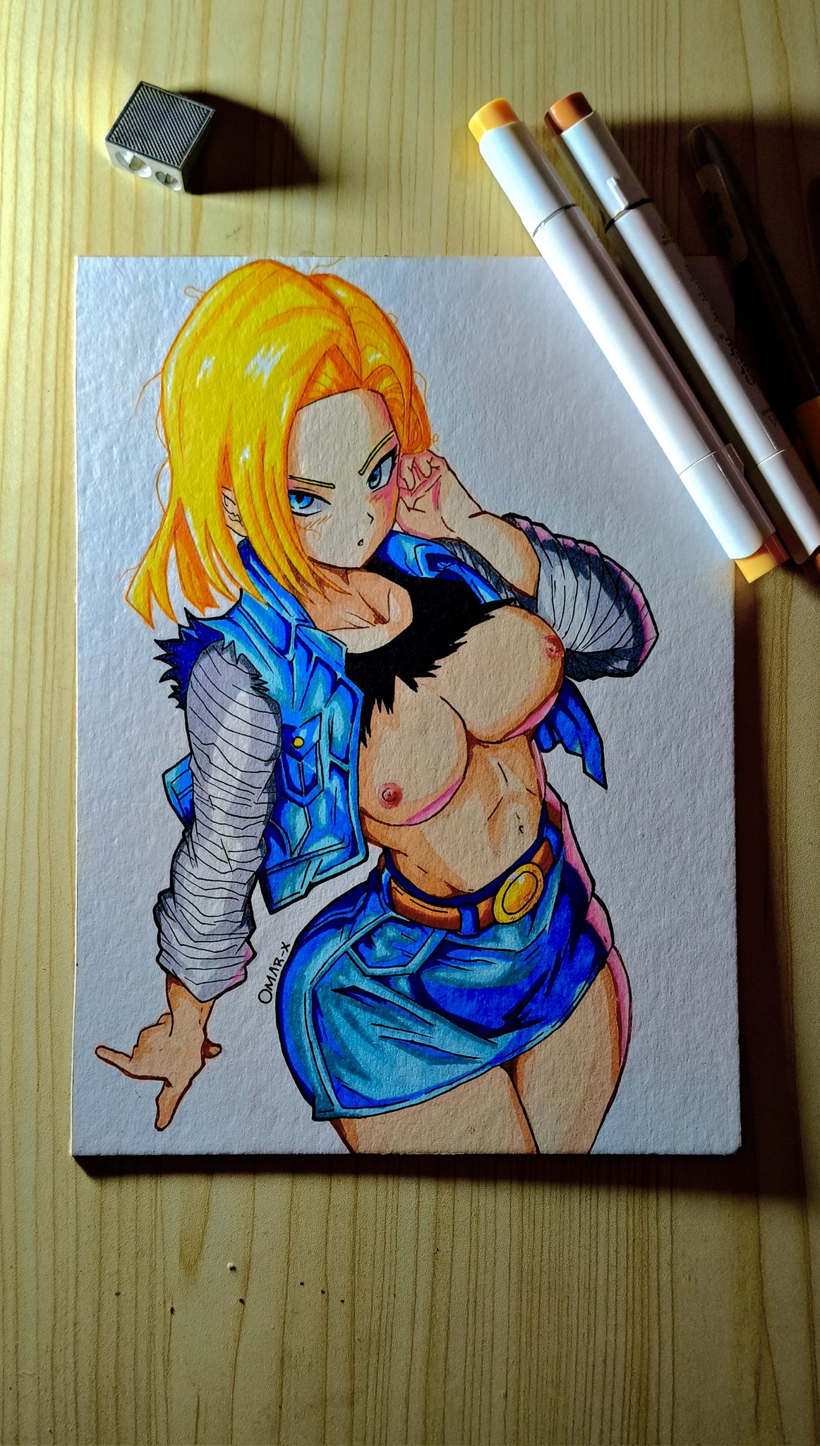 android 18, dragon ball, dragonball z, highres, photoshop (medium), traditional media, abs, belt, black shirt, blonde hair, blue eyes, blush, breasts, collarbone, denim, denim jacket, denim skirt, denim vest, from above, hand in own hair, jacket, large breasts, long sleeves, looking at viewer, miniskirt, nipples, omarfierrofier1, shirt, short hair, signature, skin tight, skirt, t-shirt, tight clothes, torn clothes, vest