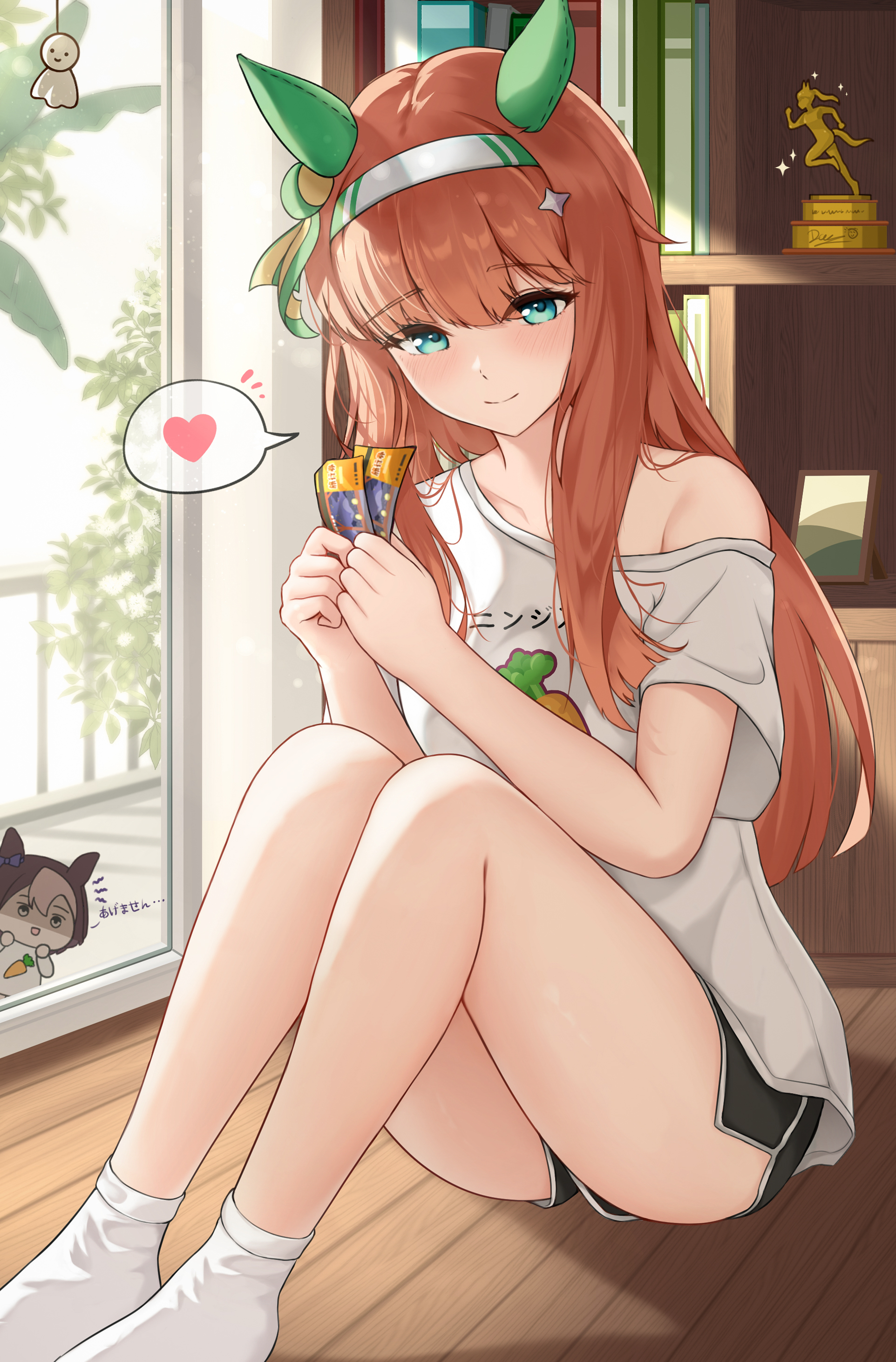 davysenpai, silence suzuka (umamusume), special week (umamusume), umamusume, absurdres, commentary request, highres, 2girls, agemasen! (meme), alternate costume, aqua eyes, black shorts, blush, dolphin shorts, ear covers, ear ornament, glass door, hair ornament, heart, holding, holding ticket, horse girl, indoors, knees up, meme, multiple girls, orange hair, shirt, short shorts, short sleeves, shorts, single bare shoulder, single off shoulder, sliding doors, soles, spoken heart, star (symbol), star hair ornament, ticket, white shirt