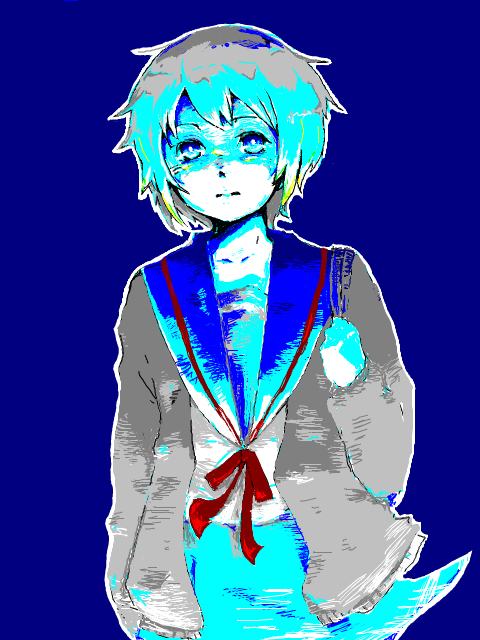 rai (3stone), nagato yuki, suzumiya haruhi no yuuutsu, bad id, bad pixiv id, 00s, cardigan, school uniform, serafuku, short hair, solo