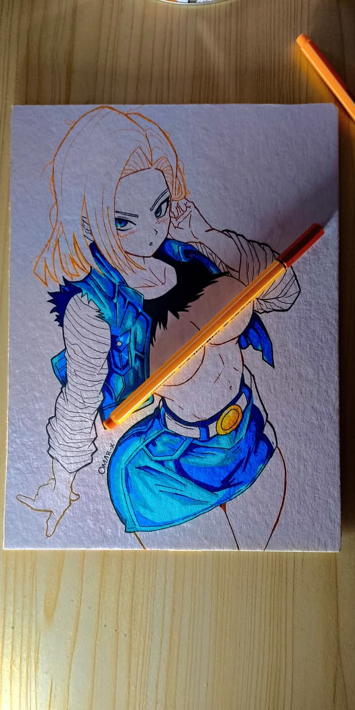 android 18, dragon ball, dragonball z, commentary request, highres, photoshop (medium), traditional media, abs, bar censor, belt, black shirt, blonde hair, blue eyes, blush, breasts, censored, collarbone, denim, denim jacket, denim skirt, denim vest, from above, hand in own hair, jacket, large breasts, long sleeves, looking at viewer, miniskirt, nipples, omarfierrofier1, shirt, short hair, signature, skin tight, skirt, t-shirt, tight clothes, torn clothes, vest