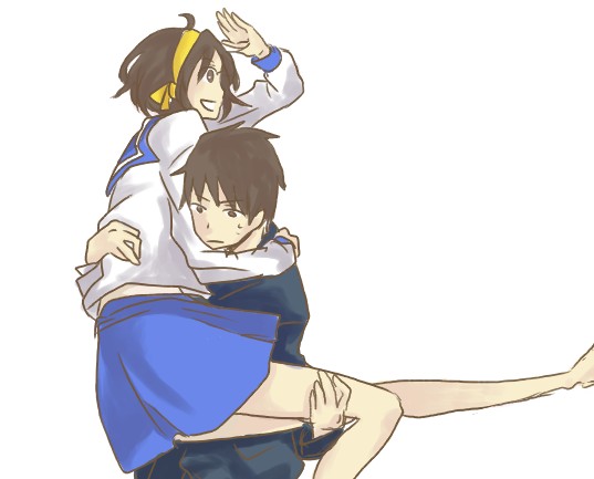 kyon, suzumiya haruhi, suzumiya haruhi no yuuutsu, bad id, bad pixiv id, 00s, 1boy, 1girl, brown hair, carrying, couple, hetero, oekaki, ribbon, school uniform, serafuku, smile