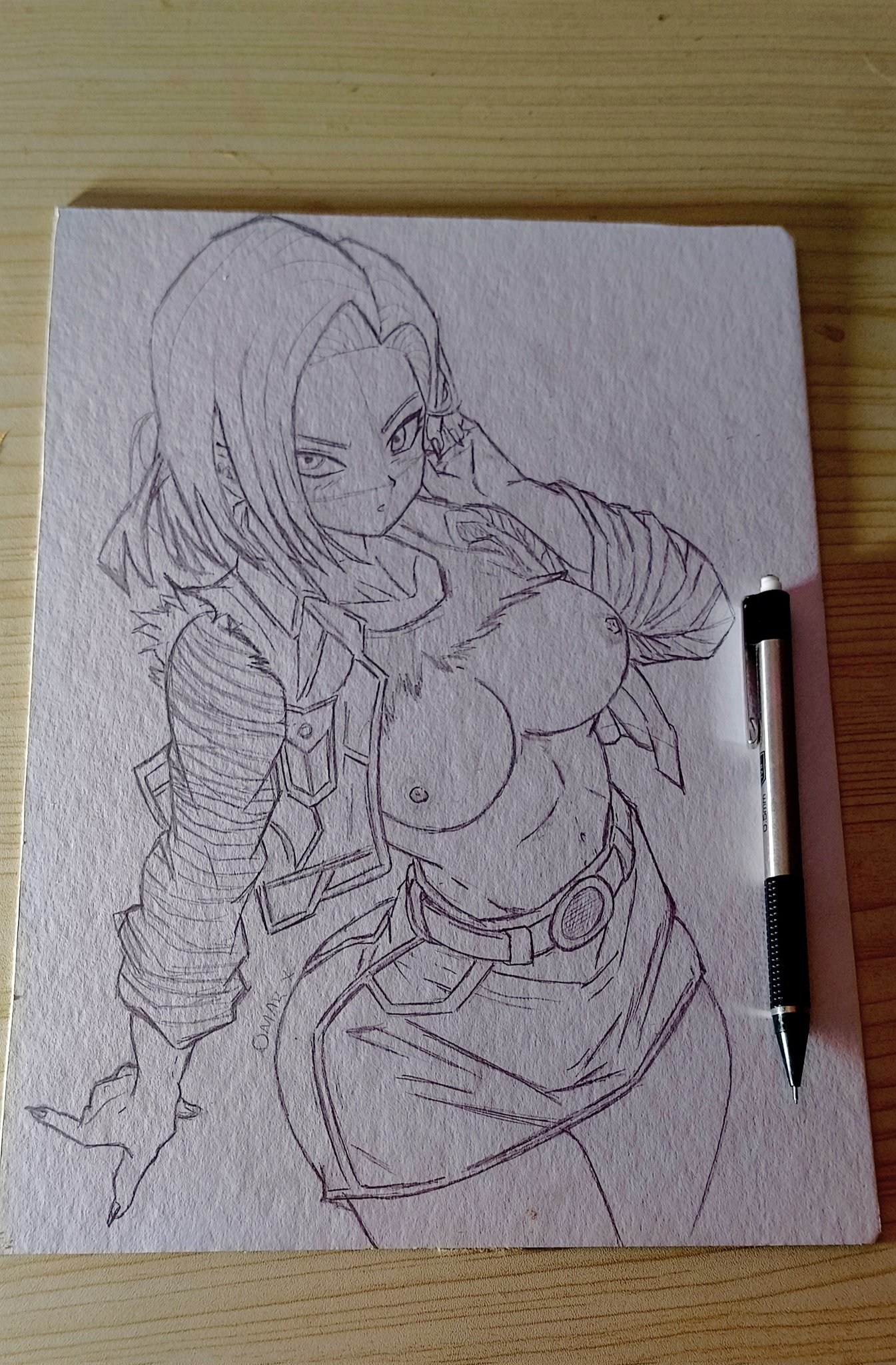 android 18, dragon ball, dragonball z, highres, photoshop (medium), traditional media, abs, belt, blush, breasts, collarbone, denim, denim jacket, denim skirt, denim vest, from above, hand in own hair, jacket, large breasts, long sleeves, looking at viewer, miniskirt, nipples, omarfierrofier1, shirt, short hair, signature, skin tight, skirt, t-shirt, tight clothes, torn clothes, vest