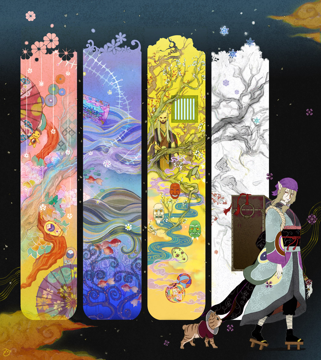 zakuron, kusuriuri (mononoke), noppera-bou (mononoke), mononoke, 00s, 1boy, bandana, blonde hair, box, cat, daruma doll, facepaint, geta, hair tie, holding, holding smoking pipe, japanese clothes, kimono, kiseru, makeup, male focus, mask, obi, ocean, oil-paper umbrella, pointy ears, sash, smoking, smoking pipe, solo, traditional youkai, tree, umbrella, winter