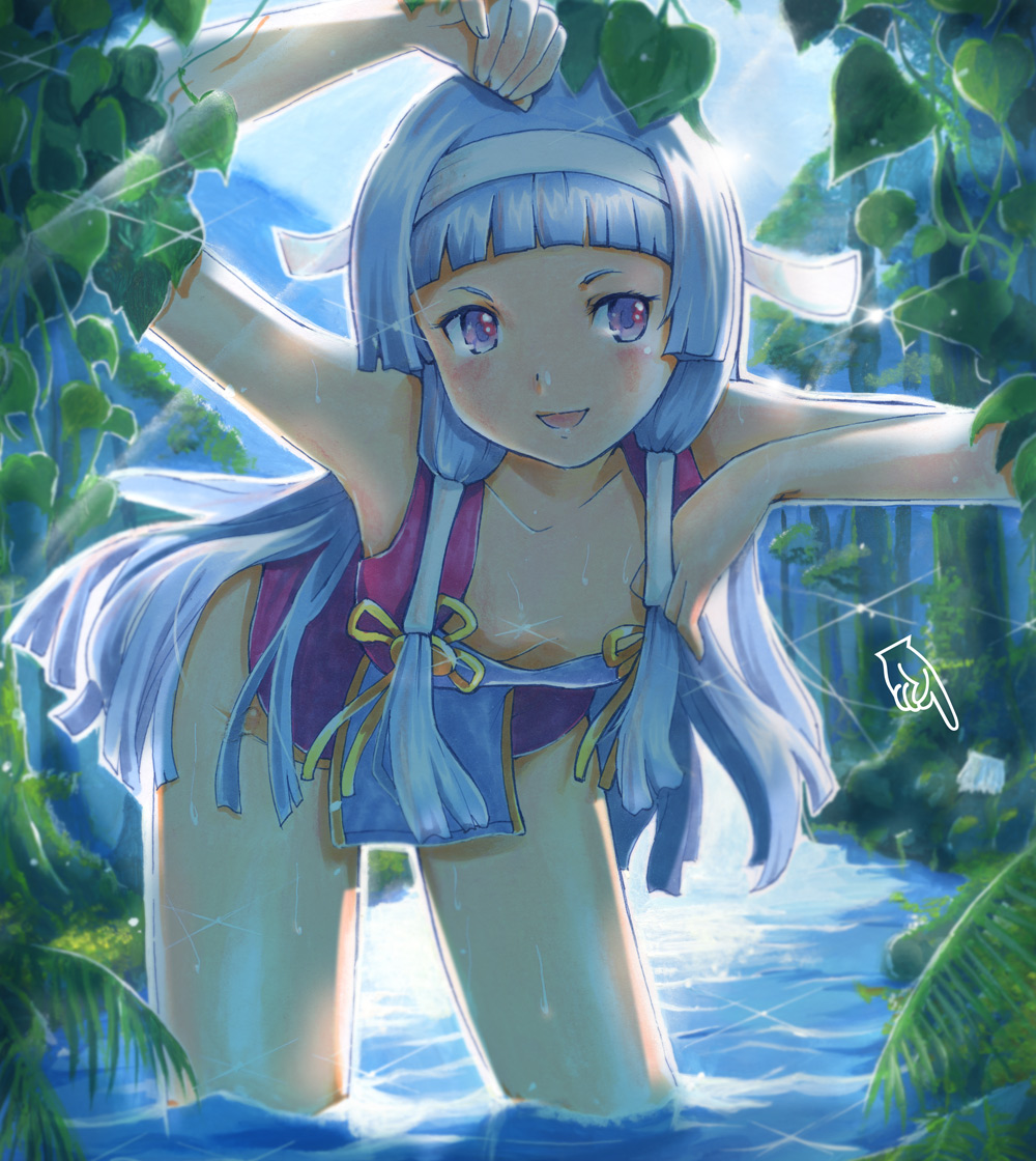 mayo riyo, nagi, kannagi, bad id, bad pixiv id, 00s, 1girl, armpits, bent over, blue hair, blunt bangs, blush, bottomless, breasts, cleavage, downblouse, female focus, flat chest, hair tubes, hairband, long hair, no bra, no panties, no pants, purple eyes, skirt, smile, solo, wading, water, wet