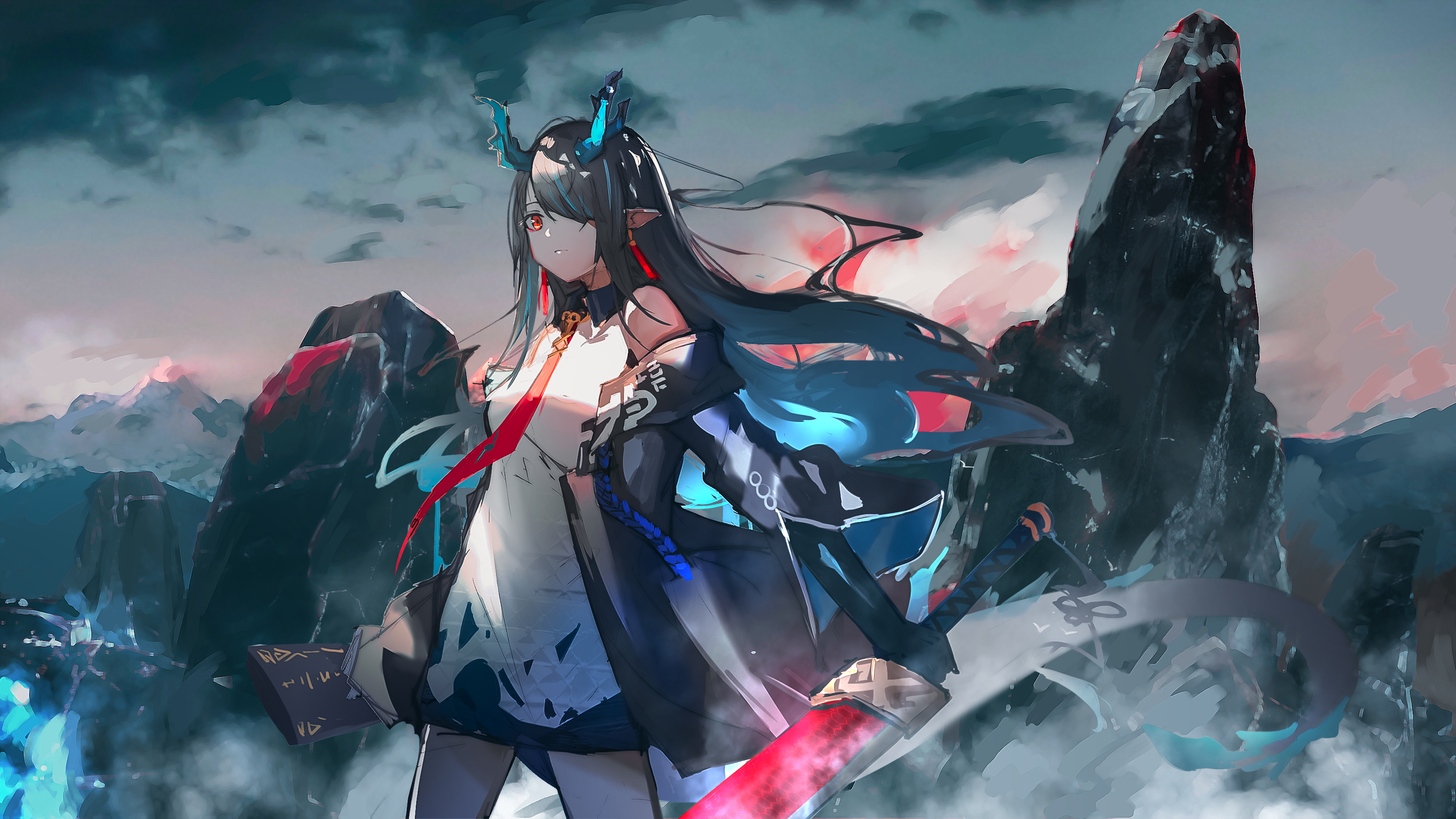 seymour (sai lu er), dusk (arknights), arknights, absurdres, highres, 1girl, aqua horns, black hair, colored skin, dragon girl, dragon horns, dragon tail, earrings, eastern dragon tail, green hands, green horns, green skin, hair over one eye, holding, holding sword, holding weapon, horns, jewelry, pointy ears, red eyes, solo, sword, tail, tassel, tassel earrings, weapon
