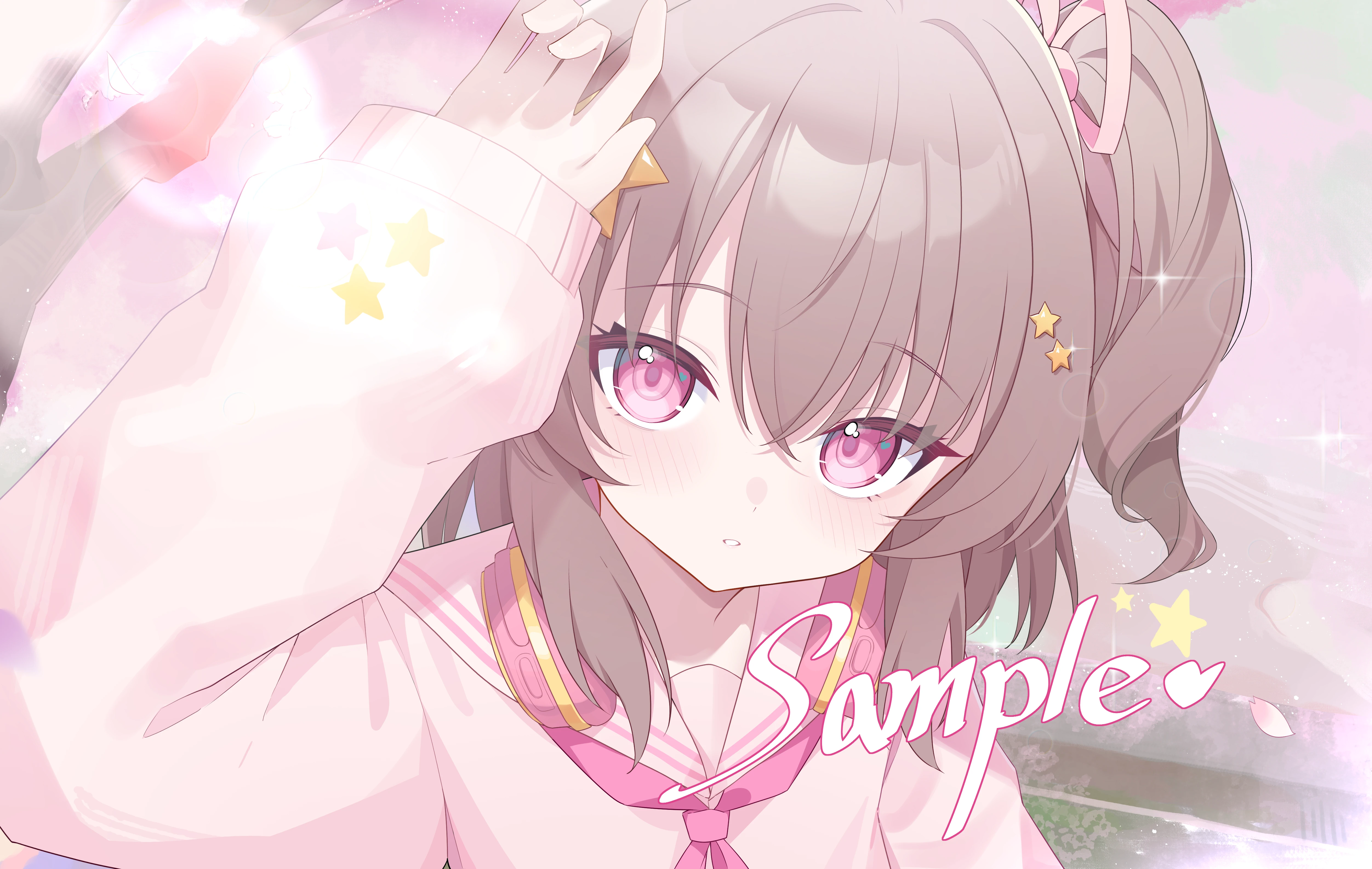 trigonometric function, original, absurdres, highres, 1girl, arm up, blush, brown hair, hair between eyes, hair ornament, hair ribbon, headphones, headphones around neck, long sleeves, looking at viewer, neckerchief, one side up, parted lips, pink eyes, pink neckerchief, pink ribbon, pink sailor collar, puffy long sleeves, puffy sleeves, ribbon, sailor collar, sample watermark, school uniform, serafuku, shirt, sleeves past wrists, solo, star (symbol), star hair ornament, upper body, virtual youtuber, watermark