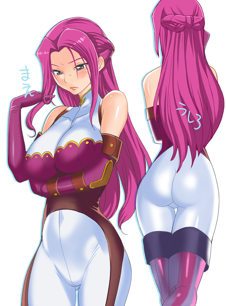 robina, cornelia li britannia, code geass, md5 mismatch, 00s, 1girl, ass, blush, bodysuit, breasts, elbow gloves, female focus, gloves, large breasts, long hair, purple eyes, purple hair, shiny clothes, skin tight, solo, spandex, thighhighs