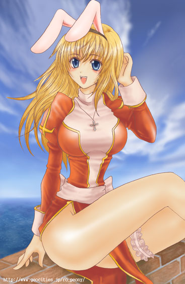high priest (ragnarok online), ragnarok online, animal ears, blonde hair, blue eyes, dress, frilled thigh strap, priestess, rabbit ears, solo, thigh strap, two-tone dress