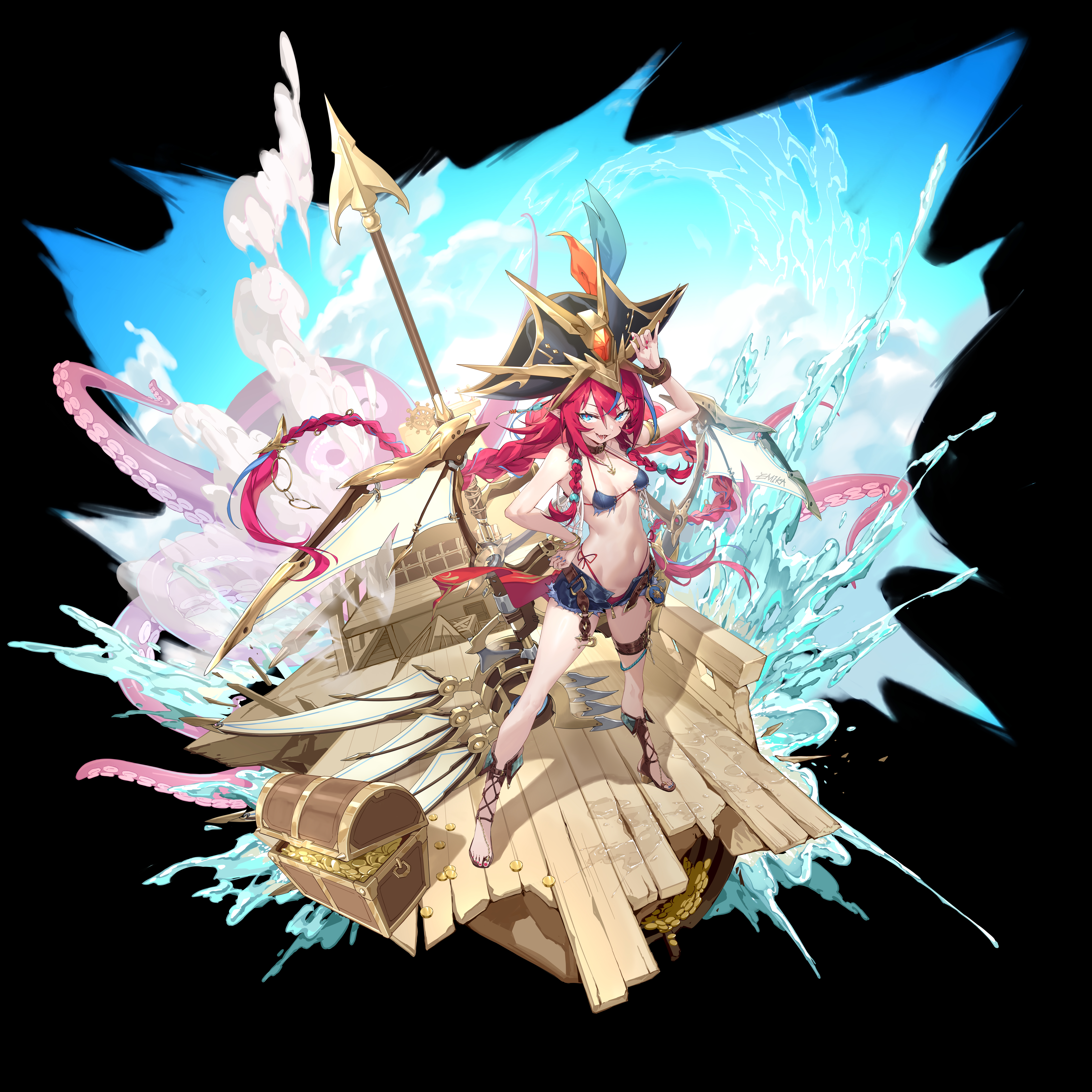 shanyao jiang tororo, original, absurdres, highres, 1girl, belt, bikini, blue eyes, bracelet, braid, breasts, choker, full body, gladiator sandals, hand on own hip, hat, jewelry, long hair, looking at viewer, nail polish, navel, pirate, pirate hat, red hair, sandals, shorts, small breasts, smile, solo, standing, swimsuit, tattoo, tentacles, thigh strap, treasure chest, twin braids, very long hair, weapon, wings