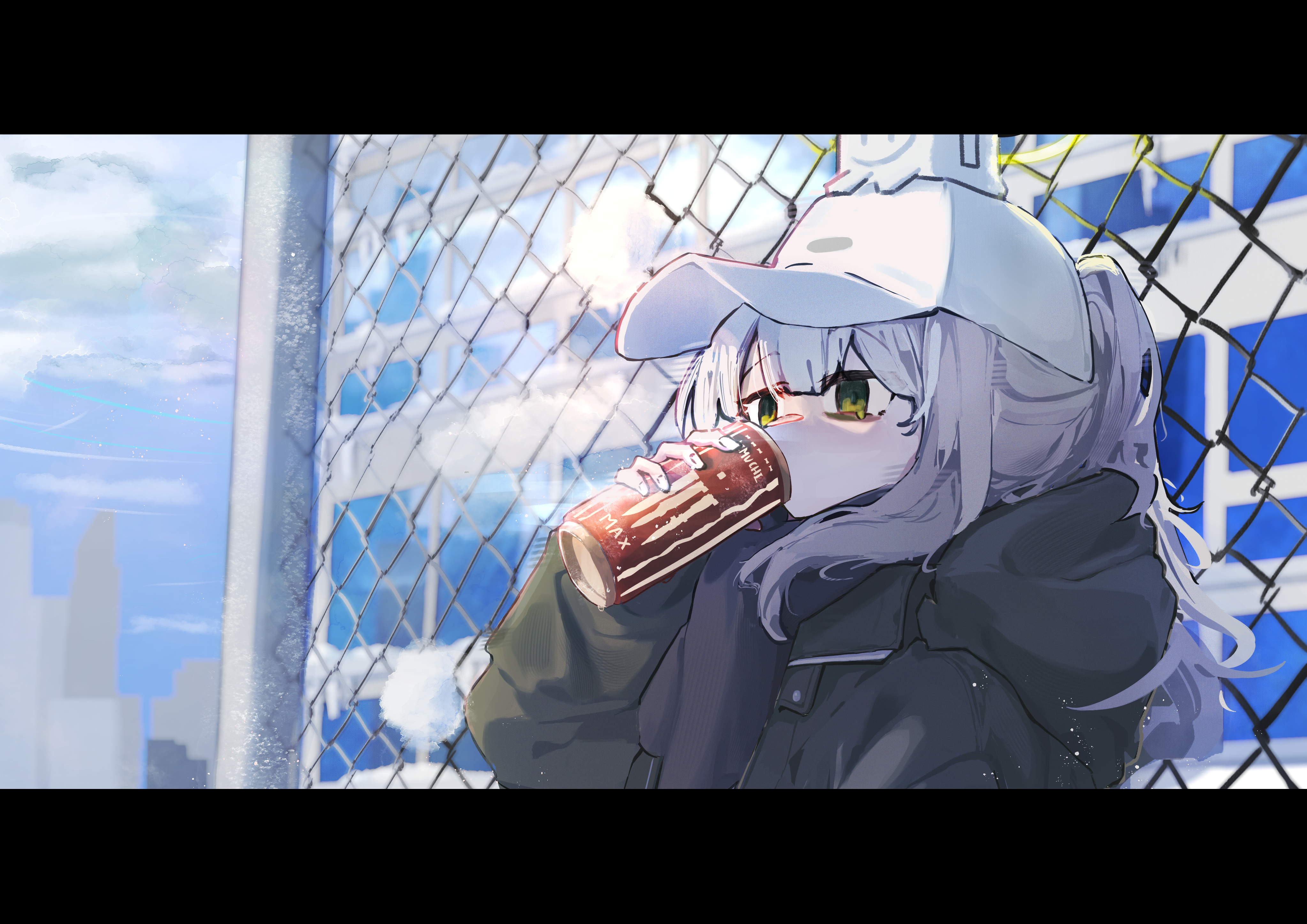 hare (blue archive), hare (camp) (blue archive), blue archive, monster energy, absurdres, highres, 1girl, baseball cap, black scarf, blue sky, building, can, cityscape, day, energy drink, green eyes, green halo, green jacket, grey hair, halo, hat, holding, holding can, jacket, long hair, long sleeves, minibeat, official alternate costume, outdoors, ponytail, scarf, sky, snow, solo, white hat