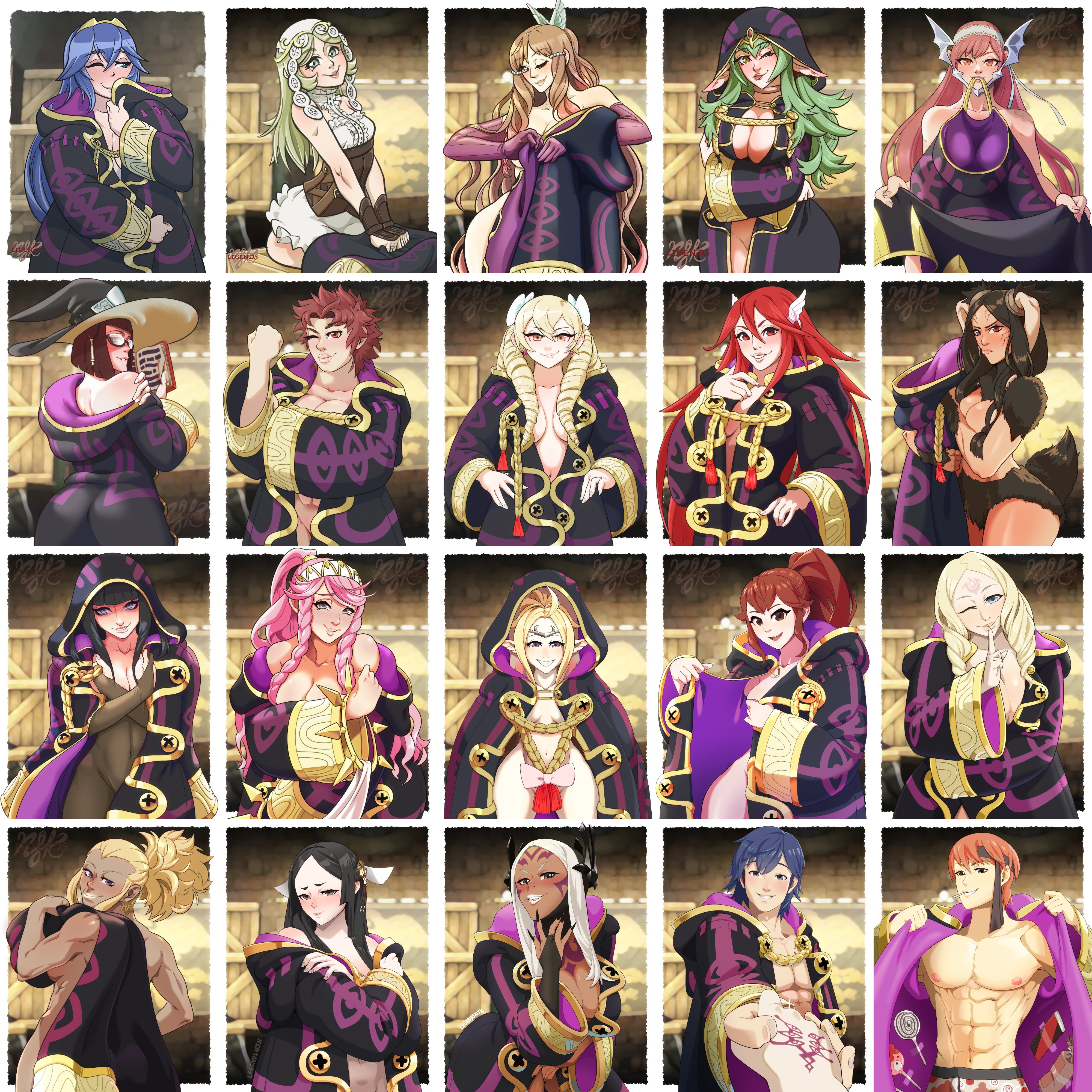 legendsnjk, anna (fire emblem), aversa (fire emblem), cherche (fire emblem), chrom (fire emblem), cordelia (fire emblem), emmeryn (fire emblem), flavia (fire emblem), gaius (fire emblem), lissa (fire emblem), lucina (fire emblem), maribelle (fire emblem), miriel (fire emblem), nowi (fire emblem), olivia (fire emblem), panne (fire emblem), say'ri (fire emblem), sully (fire emblem), sumia (fire emblem), tharja (fire emblem), tiki (adult) (fire emblem), tiki (fire emblem), fire emblem, fire emblem awakening, nintendo, absurdres, highres, self-upload, blush, breasts, cloak, large breasts, looking at viewer, multiple boys, multiple girls, oversized clothes, small breasts, smile, undressing