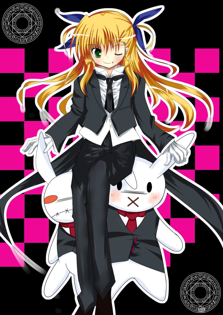 vivio, lyrical nanoha, mahou shoujo lyrical nanoha, mahou shoujo lyrical nanoha strikers, 00s, 1girl, checkered background, female focus, formal clothes, one eye closed, pant suit, pants, solo, stuffed animal, stuffed rabbit, stuffed toy, suit, wink