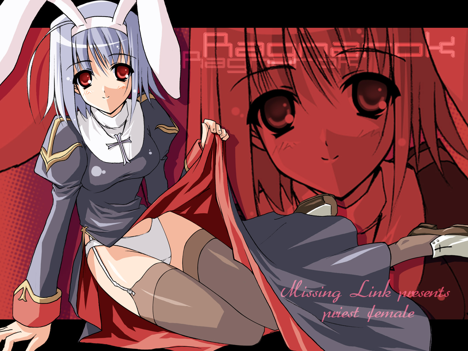 shingo (missing link), priest (ragnarok online), ragnarok online, highres, animal ears, clothes lift, panties, priest, priestess, rabbit ears, skirt, skirt lift, solo, thighhighs, underwear, white panties