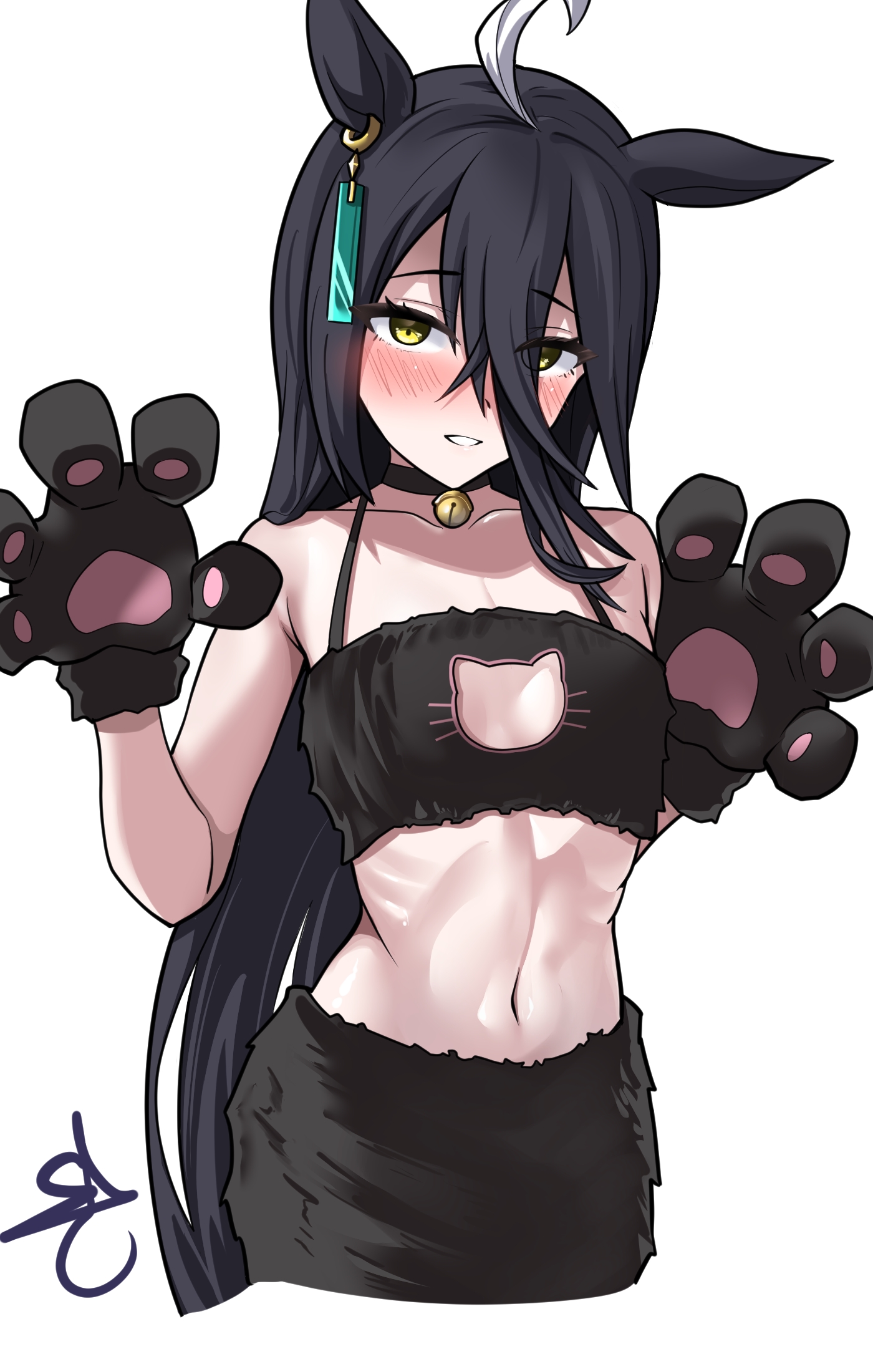 slcunix, manhattan cafe (umamusume), umamusume, commentary request, highres, 1girl, animal ears, animal hands, bell, black bra, black choker, blush, bra, breasts, cat cutout, cat lingerie, choker, clothing cutout, ear tag, gloves, hair between eyes, horse ears, horse girl, long hair, long hair between eyes, looking at viewer, neck bell, paw gloves, small breasts, solo, underwear, yellow eyes