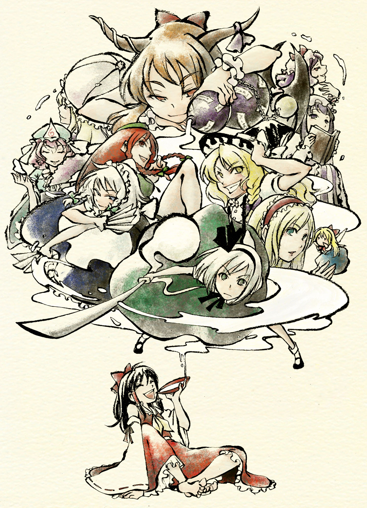 shou shishi, alice margatroid, hakurei reimu, hong meiling, ibuki suika, izayoi sakuya, kirisame marisa, konpaku youmu, konpaku youmu (ghost), patchouli knowledge, remilia scarlet, saigyouji yuyuko, yakumo yukari, touhou, highres, 6+girls, alcohol, barefoot, blonde hair, everyone, female focus, hitodama, multiple girls, sake