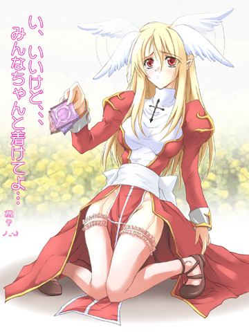 high priest (ragnarok online), ragnarok online, lowres, translation request, blonde hair, condom, dress, frilled thigh strap, garter belt, head wings, priestess, red eyes, solo, thigh strap, thighhighs, wings
