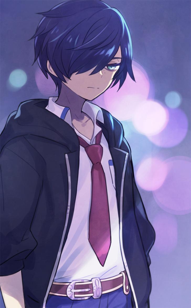 kanyoko (yuzukano 17), kuji toi, sarazanmai, commentary request, 1boy, bags under eyes, belt, black jacket, blue eyes, brown belt, closed mouth, collarbone, collared shirt, expressionless, freckles, hair over one eye, jacket, long sleeves, male focus, necktie, open clothes, open jacket, purple background, red necktie, shirt, solo, white shirt