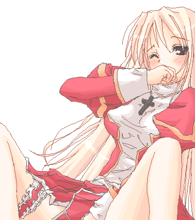 high priest (ragnarok online), ragnarok online, lowres, tagme, blonde hair, frilled thigh strap, hand to own mouth, priestess, solo, thigh strap