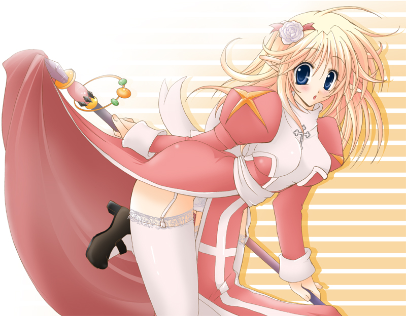 ress, high priest (ragnarok online), ragnarok online, lace-trimmed legwear, blonde hair, blue eyes, clothes lift, dress, dress lift, garter straps, lace, lace trim, panties, priestess, solo, thighhighs, thighs, underwear