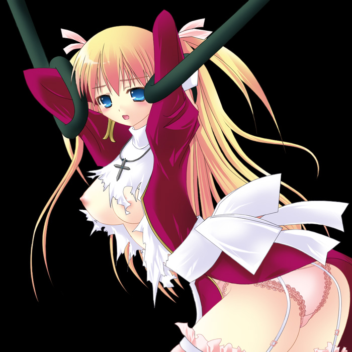 high priest (ragnarok online), ragnarok online, game cg, 1girl, breasts, female focus, medium breasts, panties, priestess, simple background, solo, tentacles, thighhighs, torn clothes, underwear