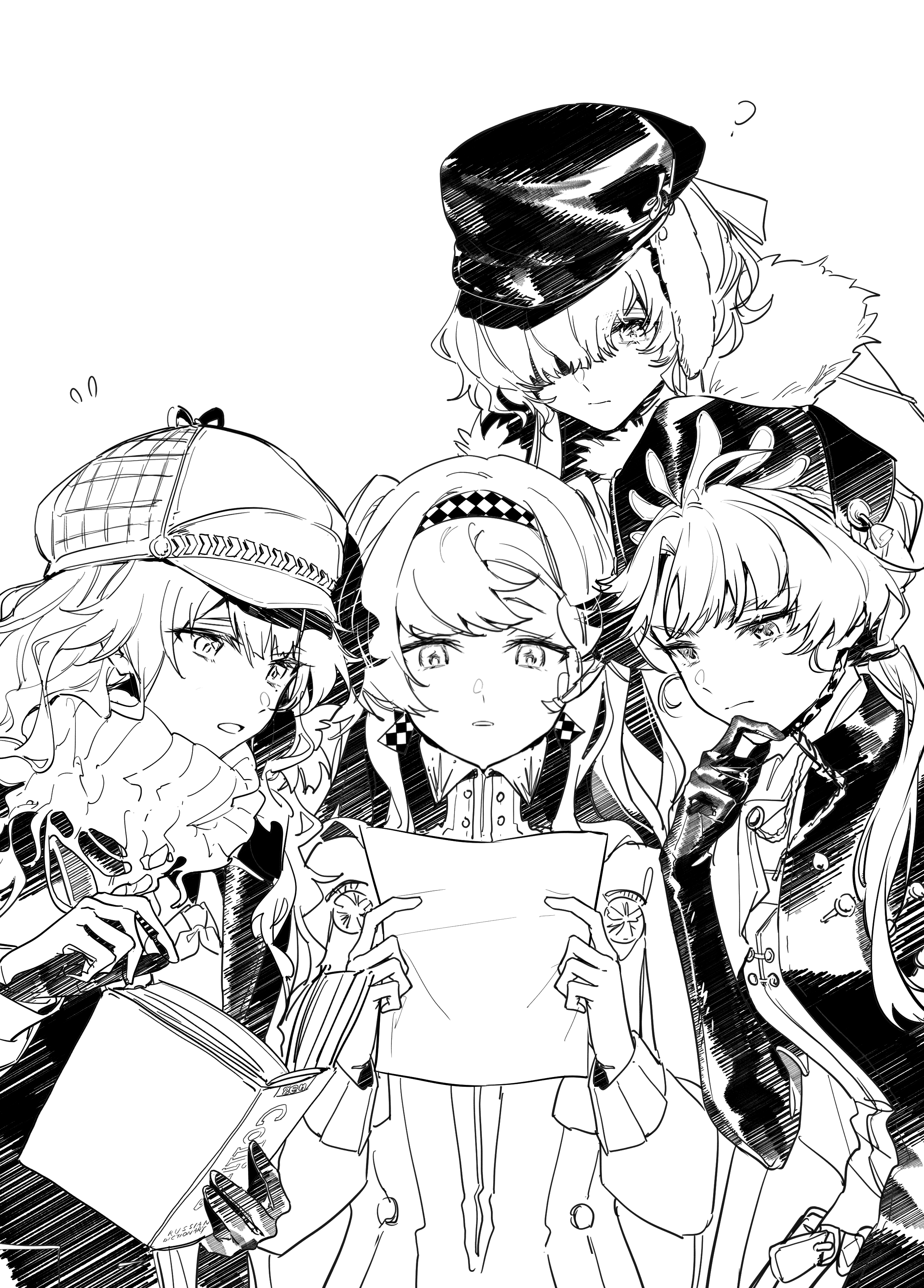 walluka, liang yue (reverse:1999), marcus (reverse:1999), sonetto (reverse:1999), yenisei (reverse:1999), reverse:1999, absurdres, highres, 4girls, :o, ?, beret, book, cape, checkered hairband, chin strap, closed mouth, coat, collared dress, dress, elbow gloves, fur-trimmed cape, fur trim, gloves, greyscale, hair over one eye, hairband, hand on own chin, hands up, hat, high collar, holding, holding book, holding paper, long hair, looking down, monochrome, multiple girls, newsboy cap, one eye covered, open book, paper, police, police uniform, policewoman, reading, scarf, stroking own chin, sweat, two side up, upper body, white background