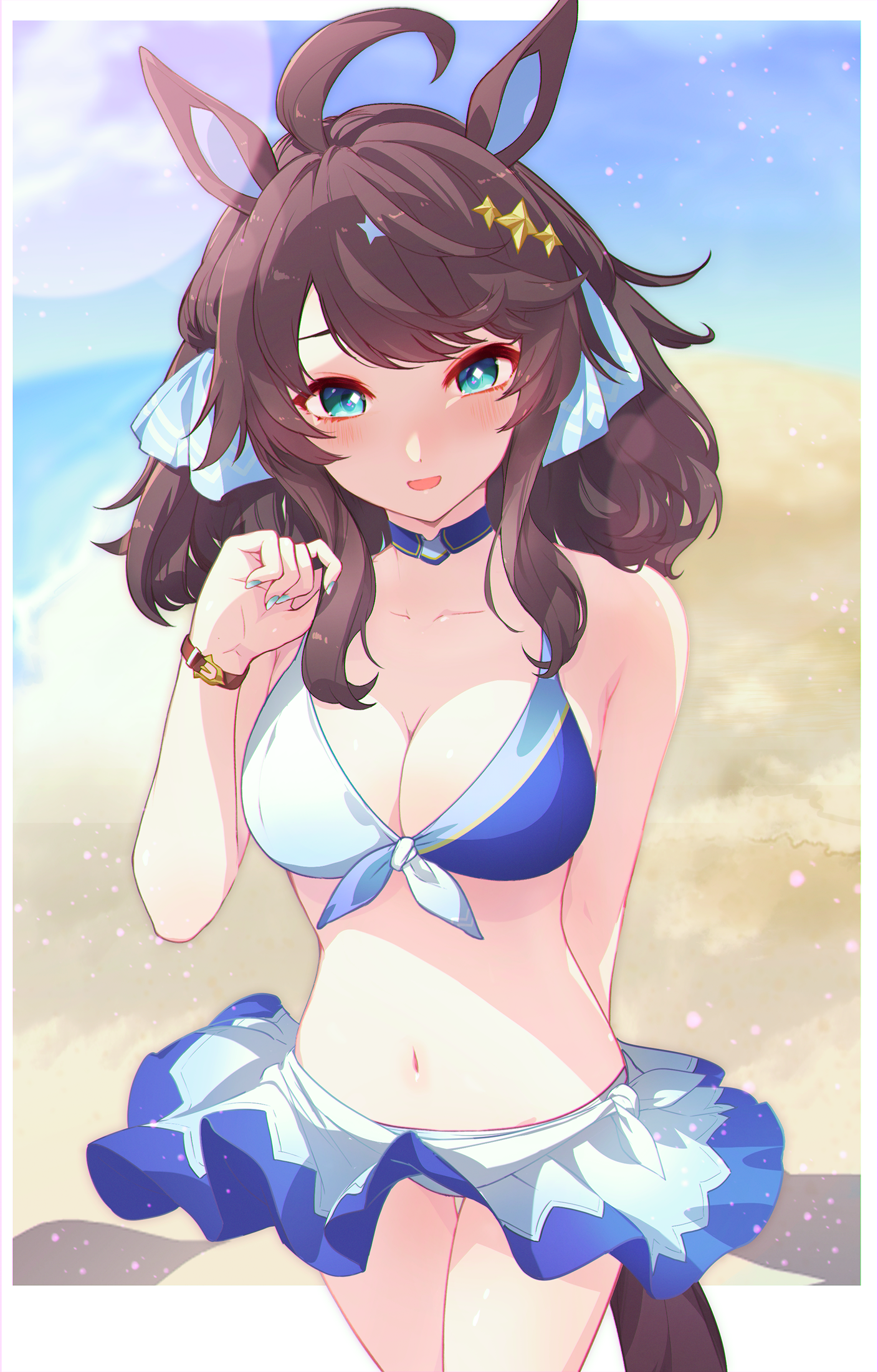 ryuutai no kimagure, daring tact (umamusume), umamusume, commentary request, commission, highres, skeb commission, 1girl, ahoge, animal ears, bare shoulders, beach, bikini, bikini skirt, blue bikini, blue choker, blue eyes, blue sky, blush, bracelet, breasts, brown hair, choker, cleavage, collarbone, hair between eyes, hair ornament, horse ears, horse girl, horse tail, jewelry, large breasts, looking at viewer, medium hair, navel, ocean, open mouth, outdoors, sky, smile, solo, star (symbol), star hair ornament, stomach, swimsuit, tail, water, white bikini