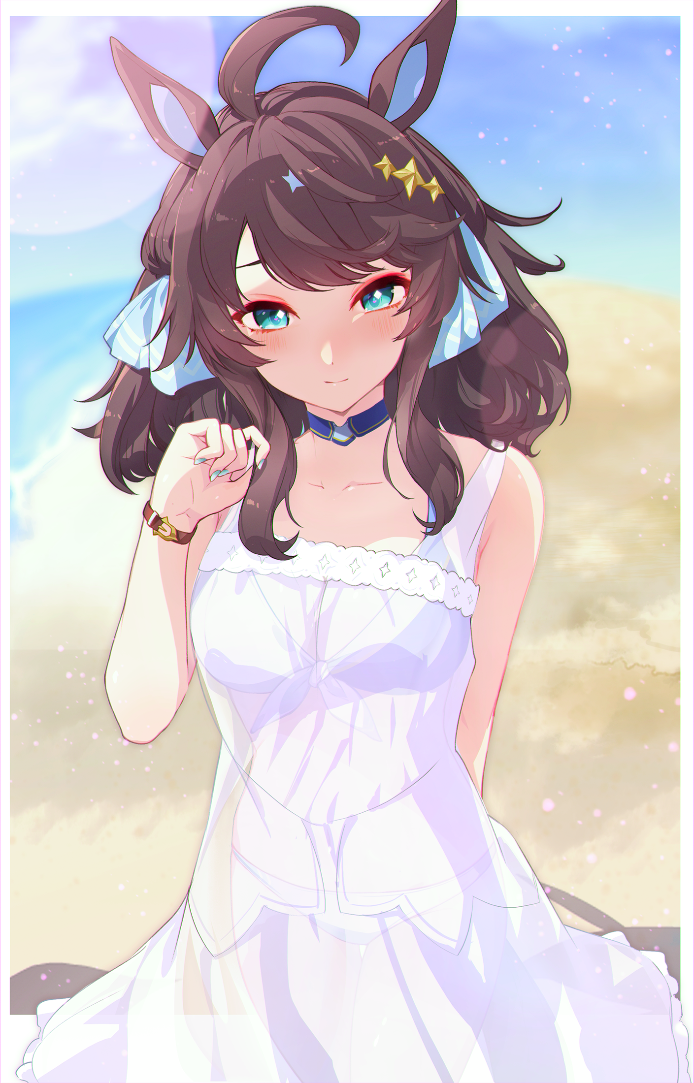 ryuutai no kimagure, daring tact (umamusume), umamusume, commission, highres, 1girl, ahoge, animal ears, bare shoulders, beach, bikini, bikini skirt, blue bikini, blue choker, blue eyes, blue sky, blush, bracelet, breasts, brown hair, choker, cleavage, collarbone, dress, hair between eyes, hair ornament, horse ears, horse girl, horse tail, jewelry, large breasts, looking at viewer, medium hair, navel, ocean, open mouth, outdoors, see-through clothes, sky, smile, solo, star (symbol), star hair ornament, stomach, swimsuit, tail, water, white bikini