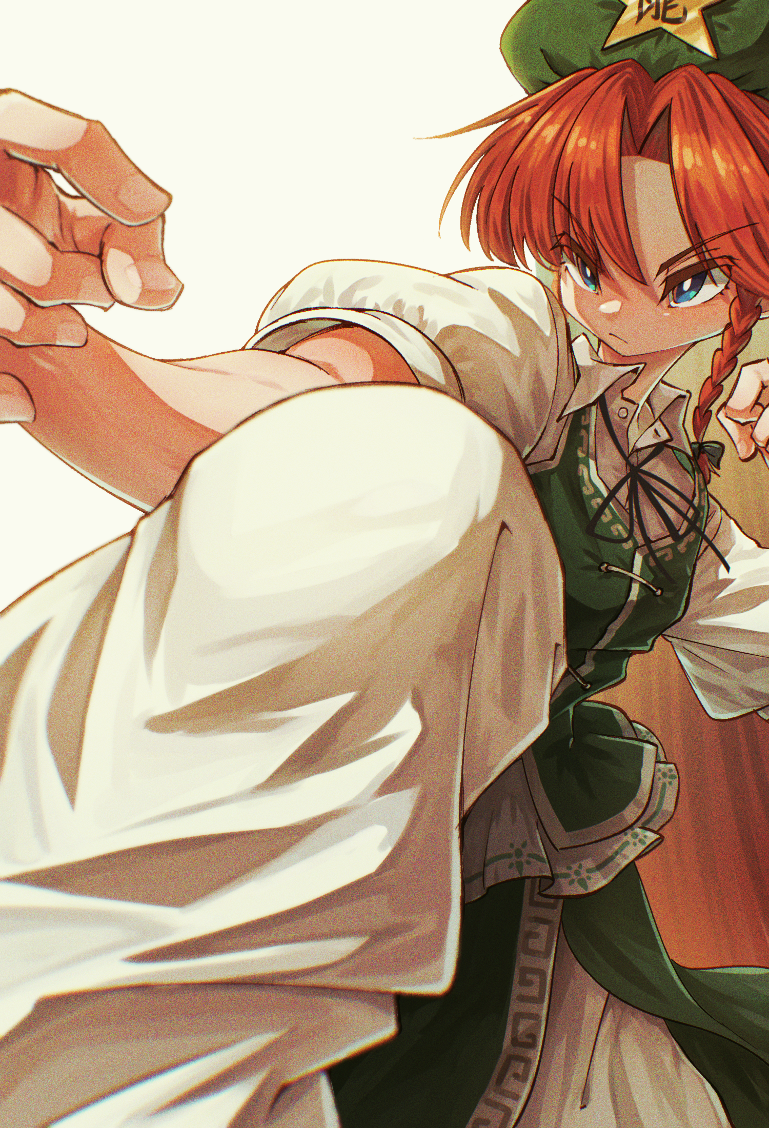 suteruko, hong meiling, touhou, commentary, english commentary, highres, mixed-language commentary, 1girl, beret, black ribbon, blue eyes, braid, closed mouth, collared shirt, fighting stance, green hat, green vest, hat, hat ornament, leg up, long hair, neck ribbon, pants, puffy short sleeves, puffy sleeves, red hair, ribbon, shirt, short sleeves, side slit, simple background, solo, star (symbol), star hat ornament, vest, white pants, white shirt