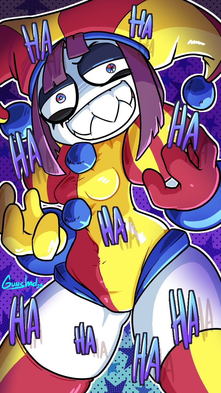 dahs, evil pomni (the amazing digital circus), pomni (the amazing digital circus), the amazing digital circus, 1girl, artist name, breasts, brown hair, colored skin, curvy, evil smile, gloves, grin, hand on own hip, hat, jester cap, laughing, multicolored leotard, shaded face, sharp teeth, smile, teeth, two-tone leotard, white skin, wide hips