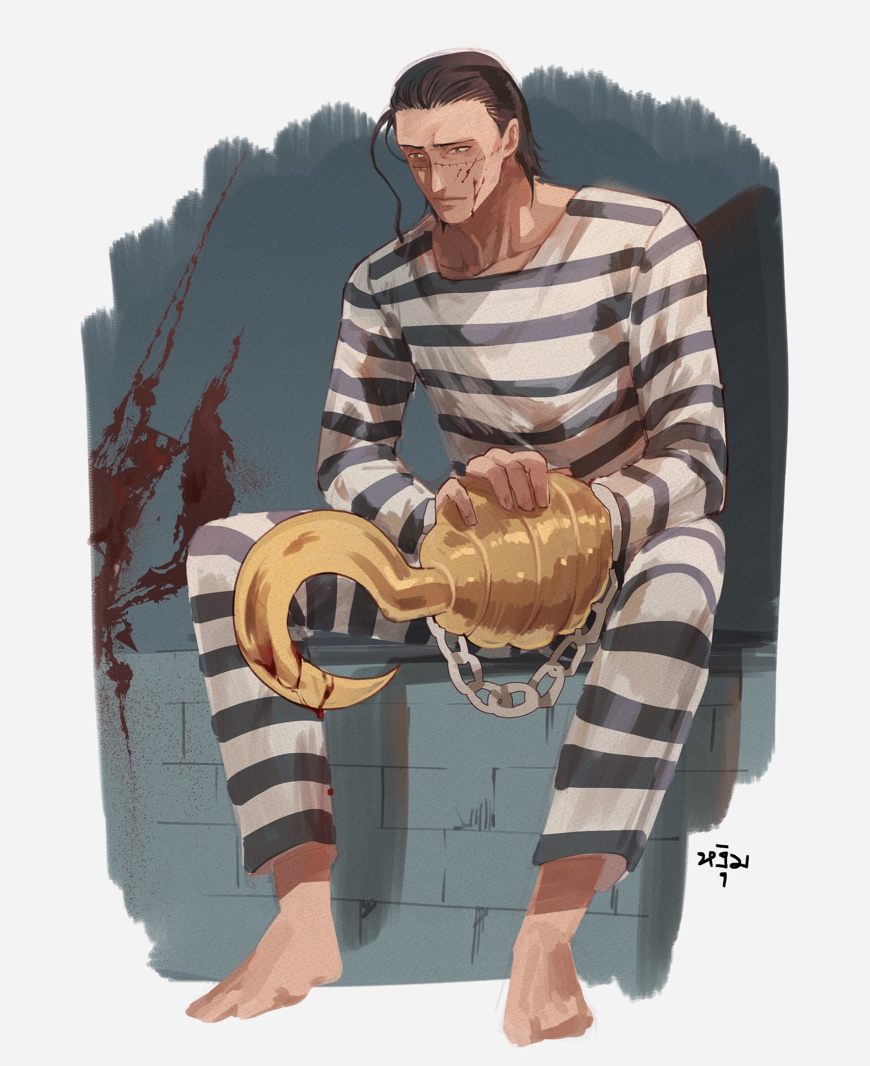 ngumngim, crocodile (one piece), one piece, absurdres, highres, 1boy, barefoot, black hair, blood, blood on face, bloody weapon, border, closed mouth, hair slicked back, hook hand, long hair, male focus, mature male, prison clothes, signature, sitting, solo, stitched face, stitches, weapon, white border