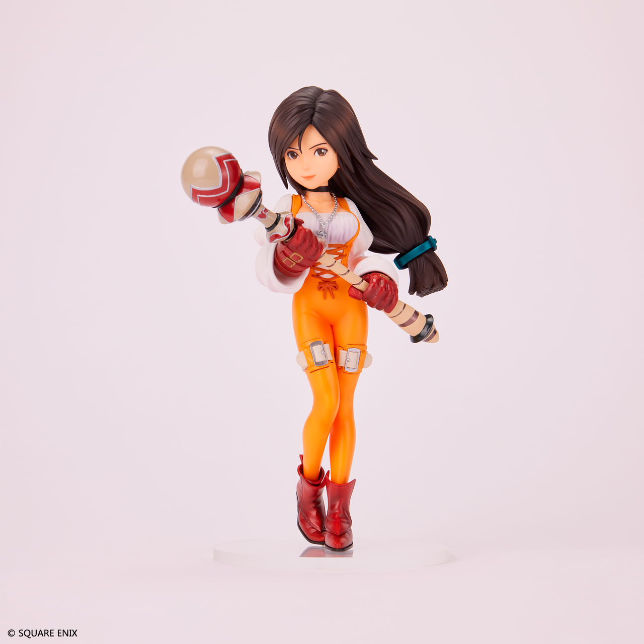 garnet til alexandros xvii, final fantasy, final fantasy ix, highres, merchandise available, official art, ankle boots, bell sleeves, belt, black choker, black hair, blouse, boots, breasts, buckle, choker, corset, figure, gloves, hair ornament, holding, holding staff, jewelry, jumpsuit, large breasts, leather, leather boots, leather gloves, leotard, lipstick, long hair, looking at viewer, low ponytail, makeup, necklace, orange jumpsuit, pendant, ponytail, red boots, red gloves, shirt, sidelocks, simple background, skin tight, staff, white buckle, white shirt