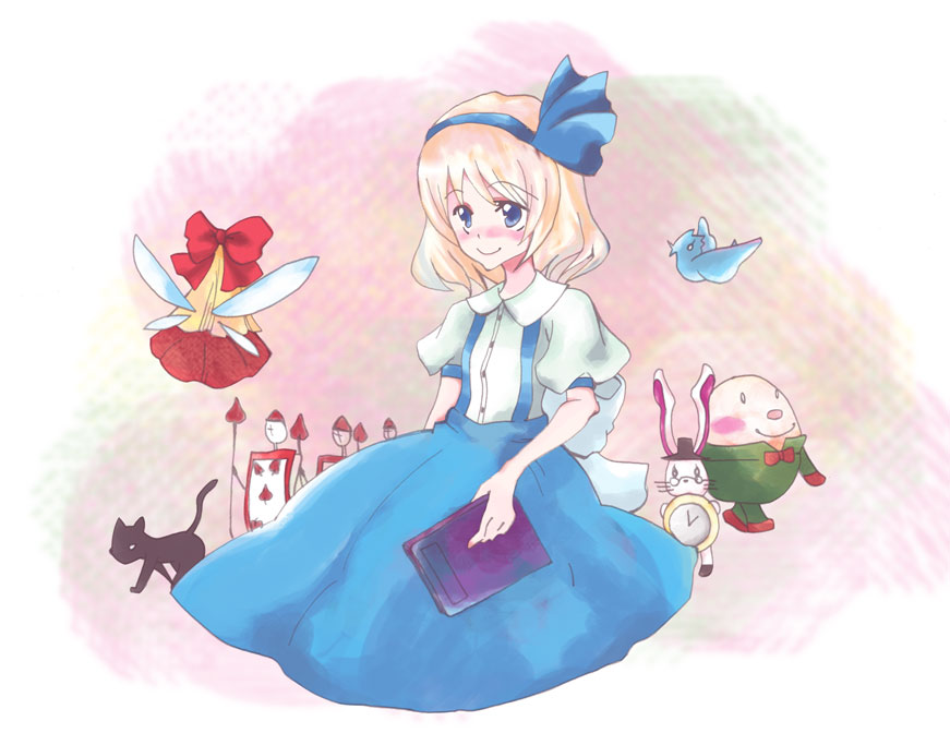 kk, alice margatroid, alice margatroid (pc-98), humpty dumpty, k.k. (kekkai sensen), shanghai doll, white rabbit (alice in wonderland), alice's adventures in wonderland, mystic square, touhou, touhou (pc-98), looking away, 1girl, bird, blonde hair, blue eyes, blue hairband, book, bow, card, cat, child, fairy wings, female focus, hair bow, hairband, holding, holding book, parody, puffy sleeves, short hair, short sleeves, sitting, skirt, smile, solo, suspenders, wings