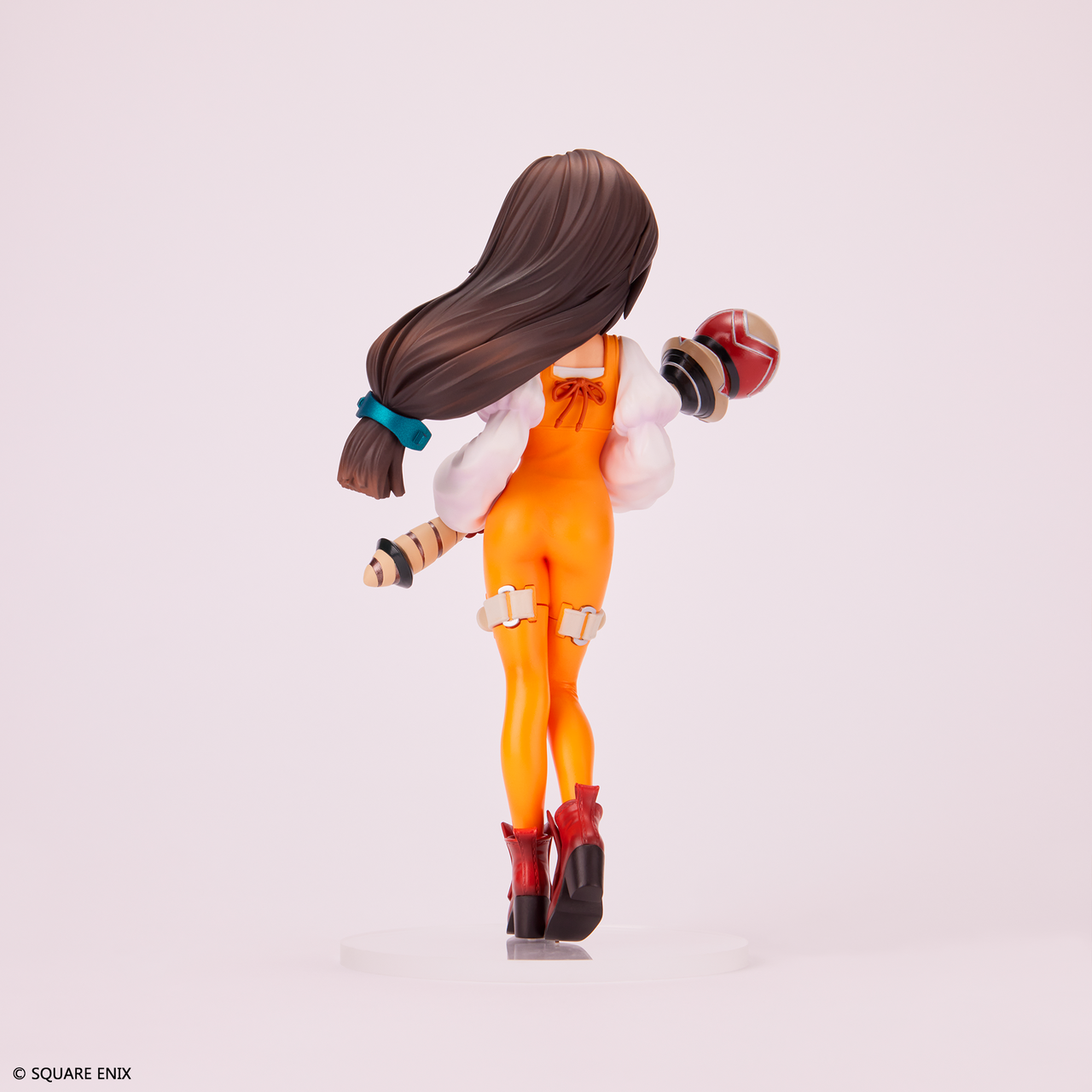garnet til alexandros xvii, final fantasy, final fantasy ix, highres, merchandise available, official art, ankle boots, ass, bell sleeves, belt, black choker, black hair, blouse, boots, buckle, choker, corset, figure, gloves, hair ornament, holding, holding staff, jewelry, jumpsuit, leather, leather boots, leather gloves, leotard, long hair, low ponytail, necklace, orange jumpsuit, pendant, ponytail, red boots, red gloves, shirt, sidelocks, simple background, skin tight, staff, white buckle, white shirt