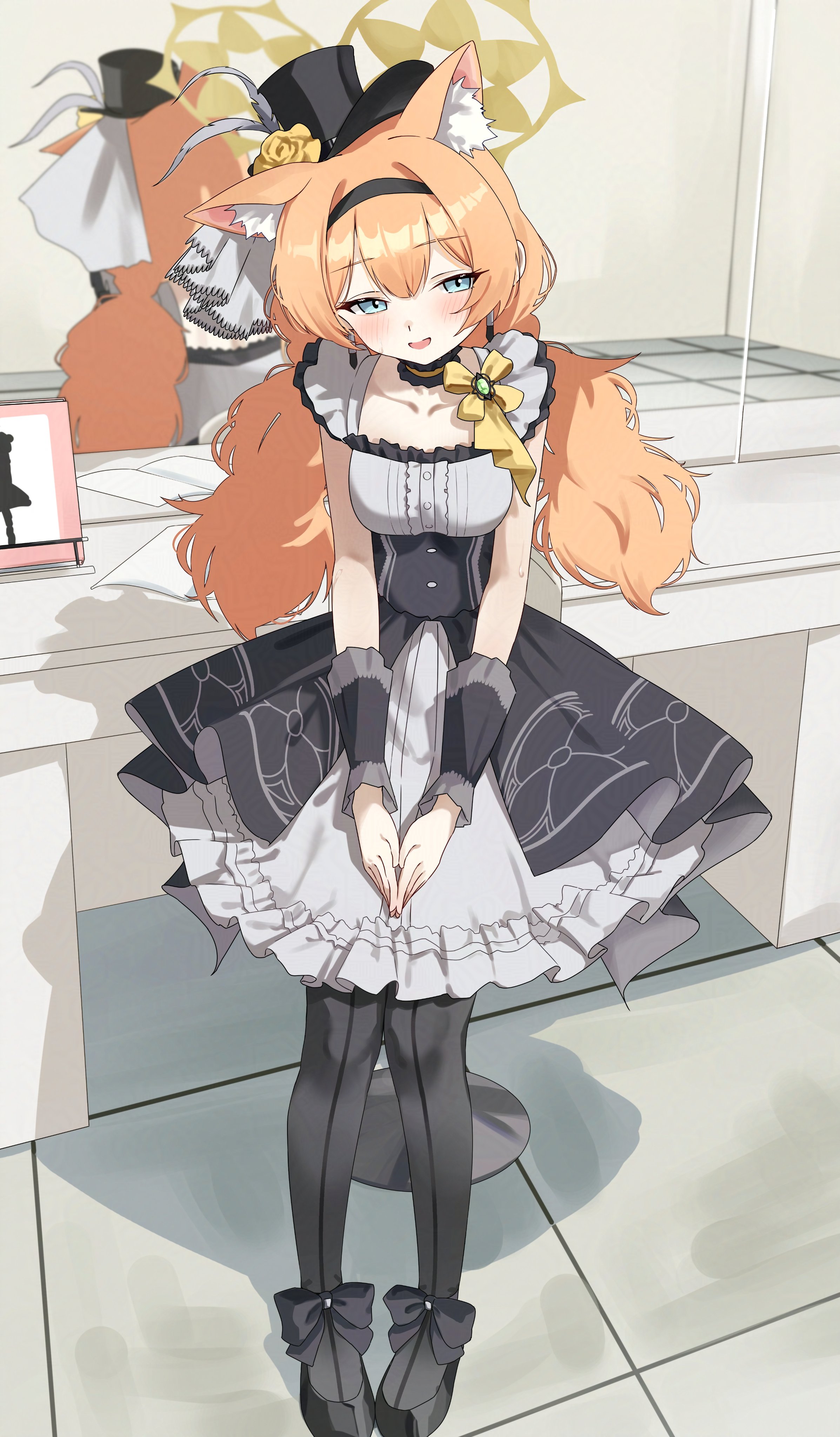 d (delt4), mari (blue archive), mari (idol) (blue archive), blue archive, fluffy hair, absurdres, highres, 1girl, animal ear fluff, animal ears, black headband, black overskirt, cat ears, choker, dress, flower, frilled choker, frills, full body, grey dress, grey feathers, halo, hat, hat flower, headband, idol, idol clothes, looking at viewer, low twintails, mini hat, mini top hat, mirror, official alternate costume, orange hair, own hands together, reflection, rose, smile, solo, top hat, twintails, white flower, wrist wrap, yellow flower, yellow halo, yellow rose