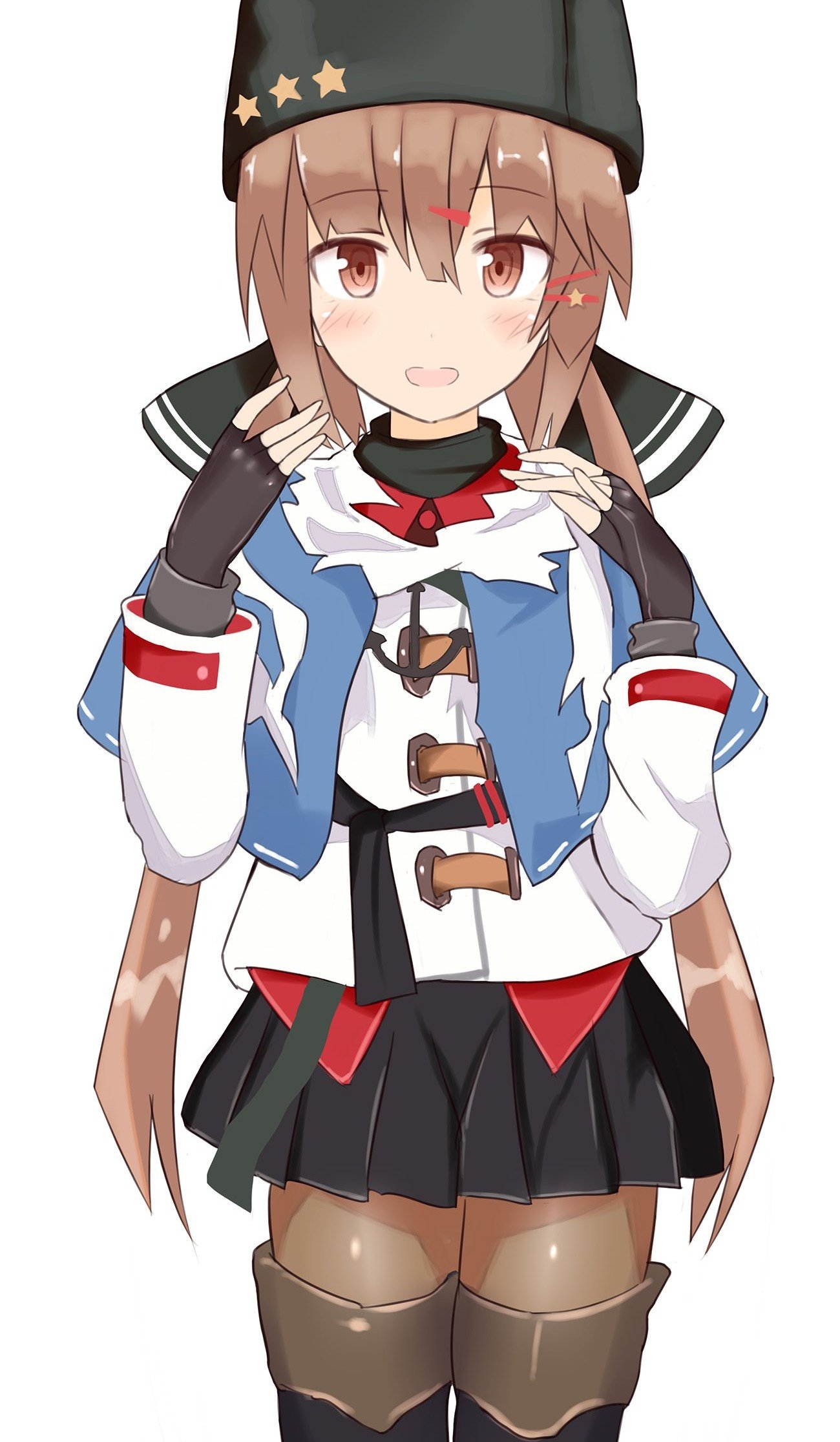 shironeko (whitecat 999), tashkent (kancolle), kantai collection, highres, 1girl, anchor necklace, black bow, black gloves, black hat, black thighhighs, blue shawl, boots, bow, brown eyes, brown hair, brown pantyhose, fingerless gloves, fur hat, gloves, hair between eyes, hair ornament, hairclip, hat, jacket, jewelry, long hair, low twintails, necklace, pantyhose, papakha, red shirt, scarf, shawl, shirt, simple background, solo, thigh boots, thighhighs, torn clothes, torn scarf, twintails, untucked shirt, white background, white jacket, white scarf