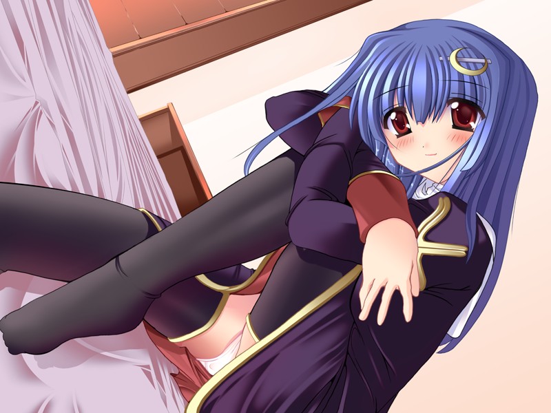 priest (ragnarok online), ragnarok online, bed, blue hair, blush, hair ornament, panties, pantyshot, priest, priestess, sitting, solo, thighhighs, underwear, white panties
