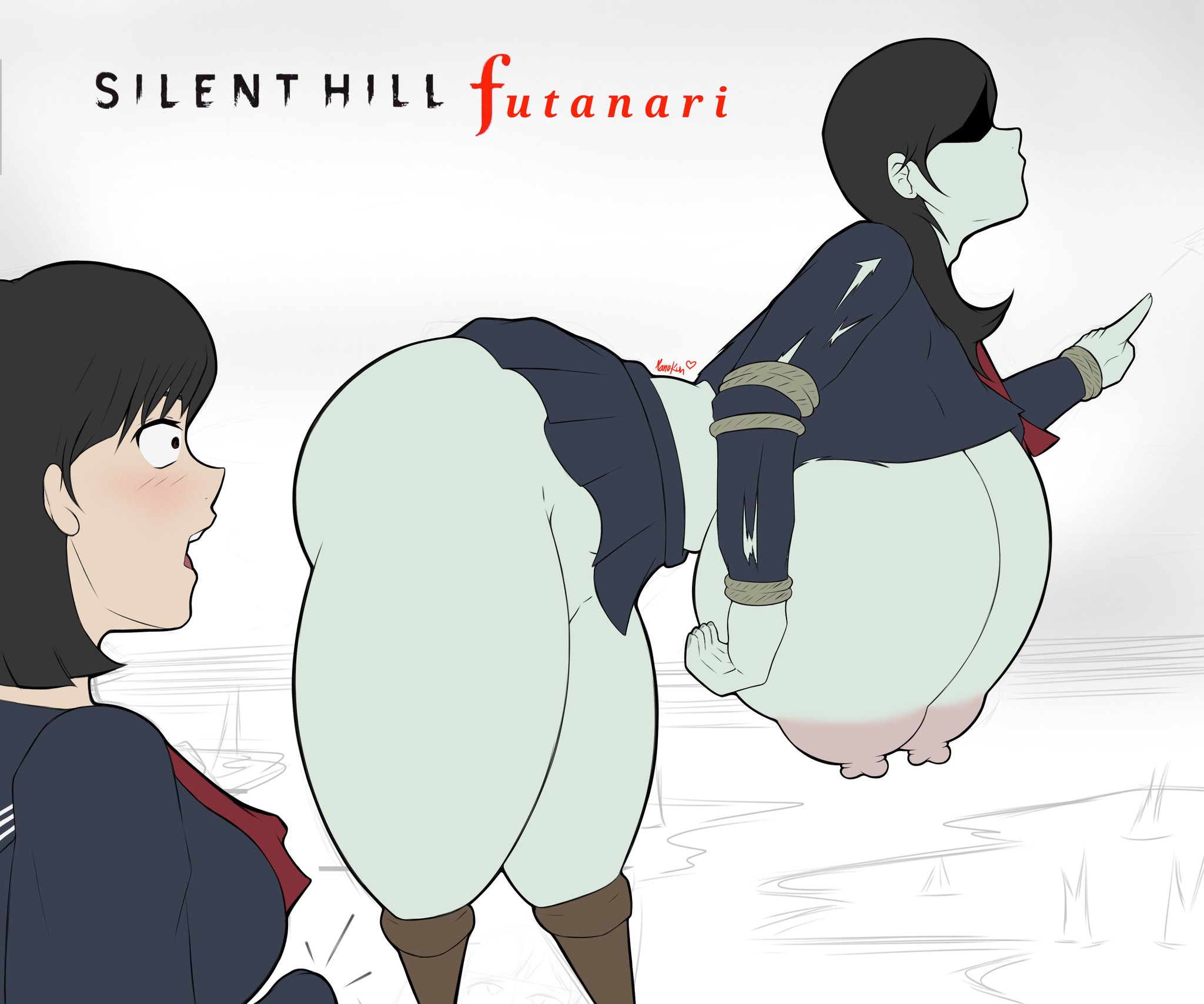 ayakakashi, shimizu hinako, silent hill (series), silent hill f, 1futa, alternate breast size (larger), ass, bent over, black hair, black serafuku, black skirt, blush, breasts, breasts out, bulge, colored skin, doll joints, erection, erection under clothes, futa with female, futanari, green skin, huge ass, huge breasts, imminent penetration, joints, long hair, looking at another, midriff, miniskirt, monster girl, multiple girls, neckerchief, nipples, outdoors, pleated skirt, pun, red neckerchief, rope, sailor collar, school uniform, serafuku, shaded face, short hair, simple background, skirt, surprised, sweat, title, torn clothes, torn skirt, you gonna get raped