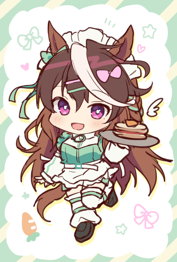 mauve, symboli rudolf (umamusume), umamusume, 1girl, :d, animal ears, apron, belt, black shoes, border, bow, brown hair, carrot, chibi, chibi only, double-parted bangs, drop shadow, ear bow, full body, green belt, green border, green bow, green jacket, hair ornament, hairclip, holding, holding tray, horse ears, horse girl, horse tail, jacket, jersey maid, leg warmers, long hair, looking at viewer, maid, maid headdress, multicolored hair, open mouth, purple bow, purple eyes, shoes, smile, solo, standing, standing on one leg, star (symbol), streaked hair, tail, tray, two-tone hair, unconventional maid, very long hair, waist apron, white apron, white background, white belt, white hair, white leg warmers