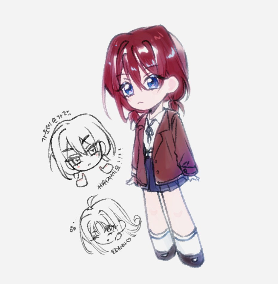 awa subaru, iseri nina, girls band cry, commentary request, korean commentary, translation request, 2girls, ahoge, blue eyes, blue skirt, chibi, closed mouth, jacket, kawarock peach, korean text, low twintails, multiple girls, one eye closed, open mouth, red hair, red jacket, short hair, short twintails, simple background, skirt, socks, twintails, white background, white socks