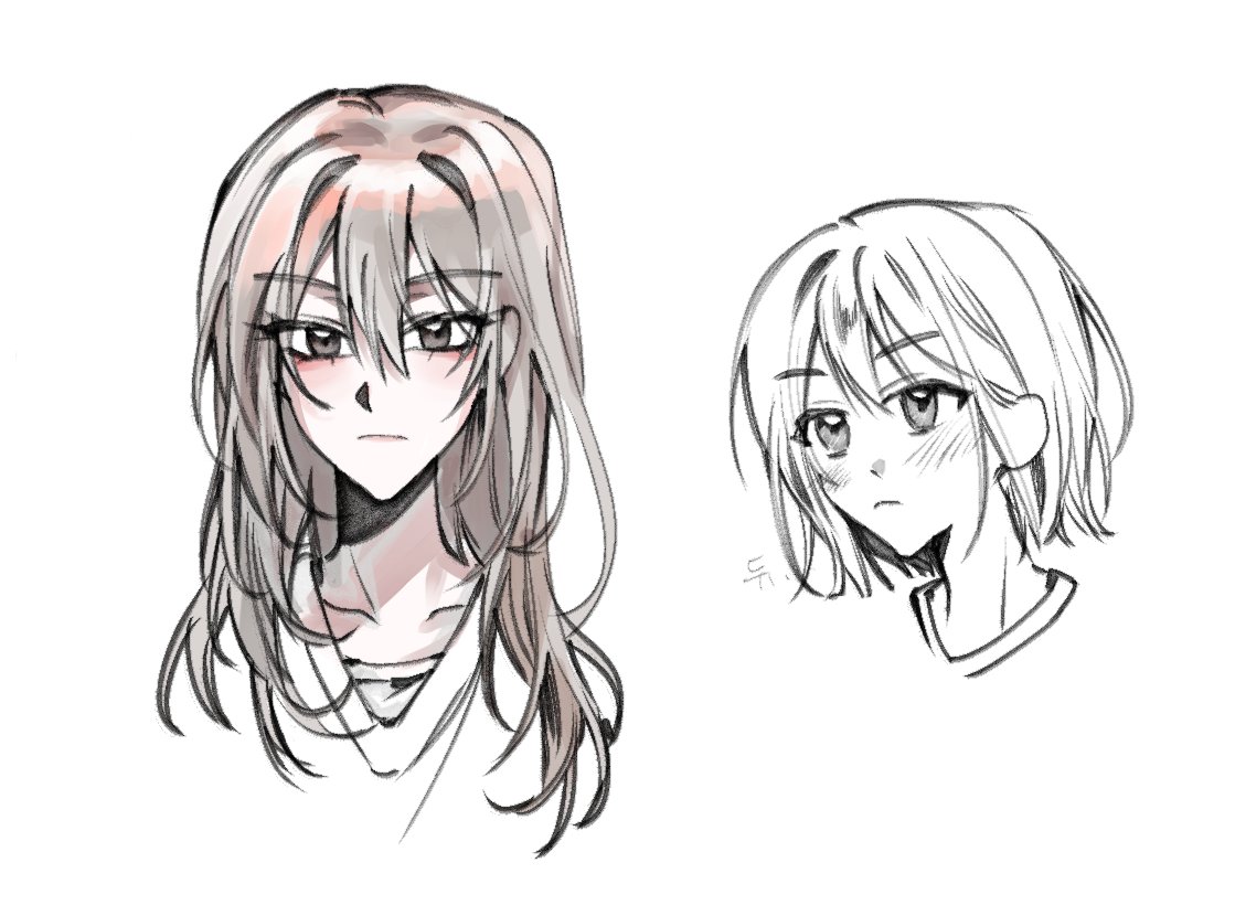 iseri nina, kawaragi momoka, girls band cry, commentary request, korean commentary, 2girls, blush, closed mouth, grey eyes, grey hair, hair between eyes, hair down, kawarock peach, long hair, multicolored hair, multiple girls, partially colored, roots (hair), short hair, simple background, wings