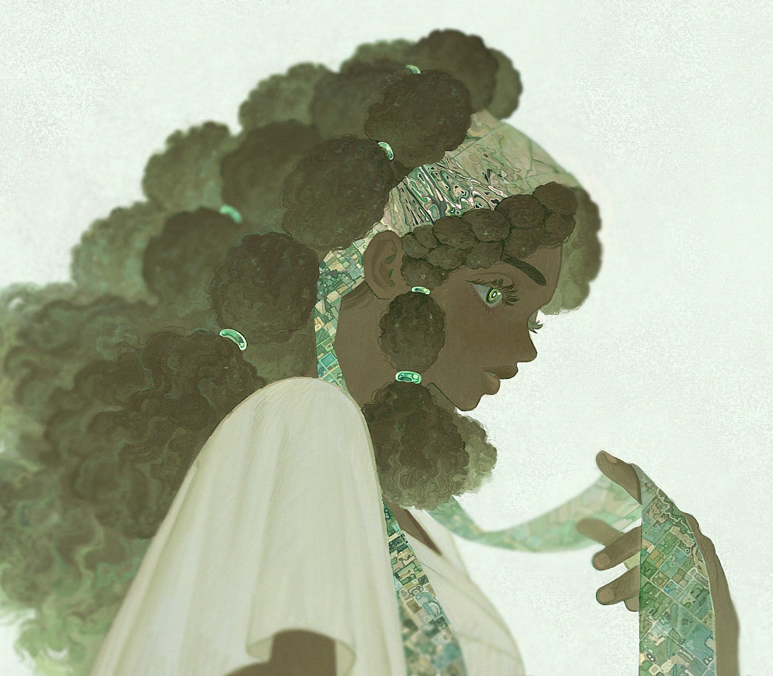 george park, original, fluffy hair, highres, 1girl, :o, bell sleeves, black hair, blurry, braid, braided bangs, curly hair, dark-skinned female, dark skin, depth of field, expressionless, eyelashes, from side, green eyes, green headscarf, headscarf, jade (gemstone), long hair, looking ahead, multi-tied hair, parted lips, print headwear, shirt, short sleeves, sidelocks, solo, thick eyebrows, thick lips, tri tails, upper body, very dark skin, white background, white shirt