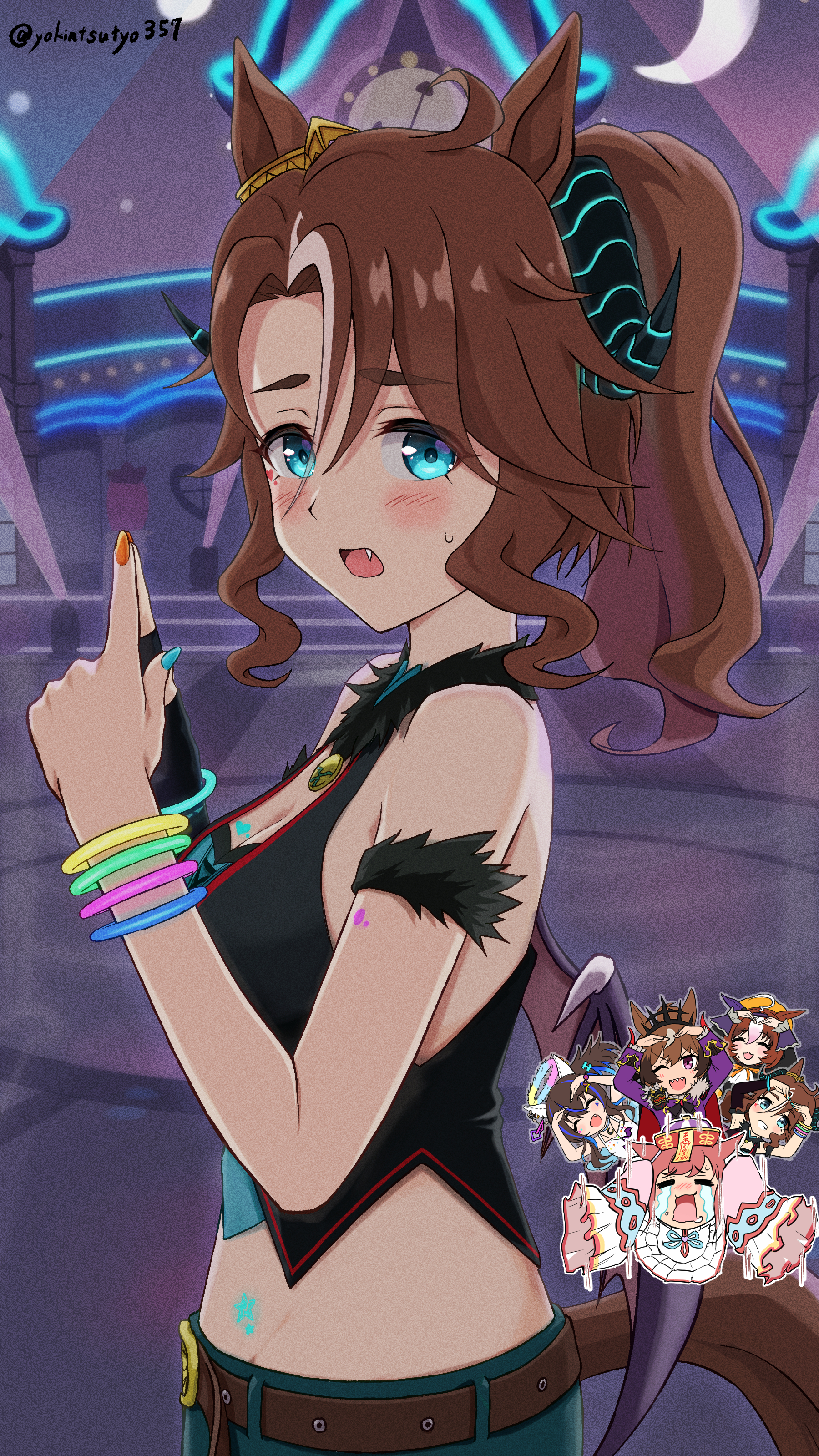 chokin tsucho, agnes digital (lovely jiangshi) (umamusume), agnes digital (umamusume), daitaku helios (sunshine angel) (umamusume), daitaku helios (umamusume), meisho doto (dot-o'-lantern) (umamusume), meisho doto (umamusume), mejiro palmer (devil in the moonlight) (umamusume), mejiro palmer (umamusume), shinko windy (burst out! the demon king's army of terror) (umamusume), shinko windy (umamusume), umamusume, absurdres, commentary request, highres, 5girls, animal ears, bare shoulders, belt, belt buckle, black vest, blue eyes, blue nails, blue pants, blush, breasts, brown belt, brown hair, brown wings, buckle, cleavage, crying, fang, finger touching, groin, hair between eyes, hands up, horns, horse ears, horse girl, horse tail, low twintails, medium breasts, multicolored hair, multicolored nails, multiple girls, nail polish, open mouth, orange nails, pants, parted bangs, pink hair, ponytail, purple eyes, small sweatdrop, star (symbol), streaked hair, streaming tears, sweat, tail, tears, twintails, twitter username, vest, white hair, wings