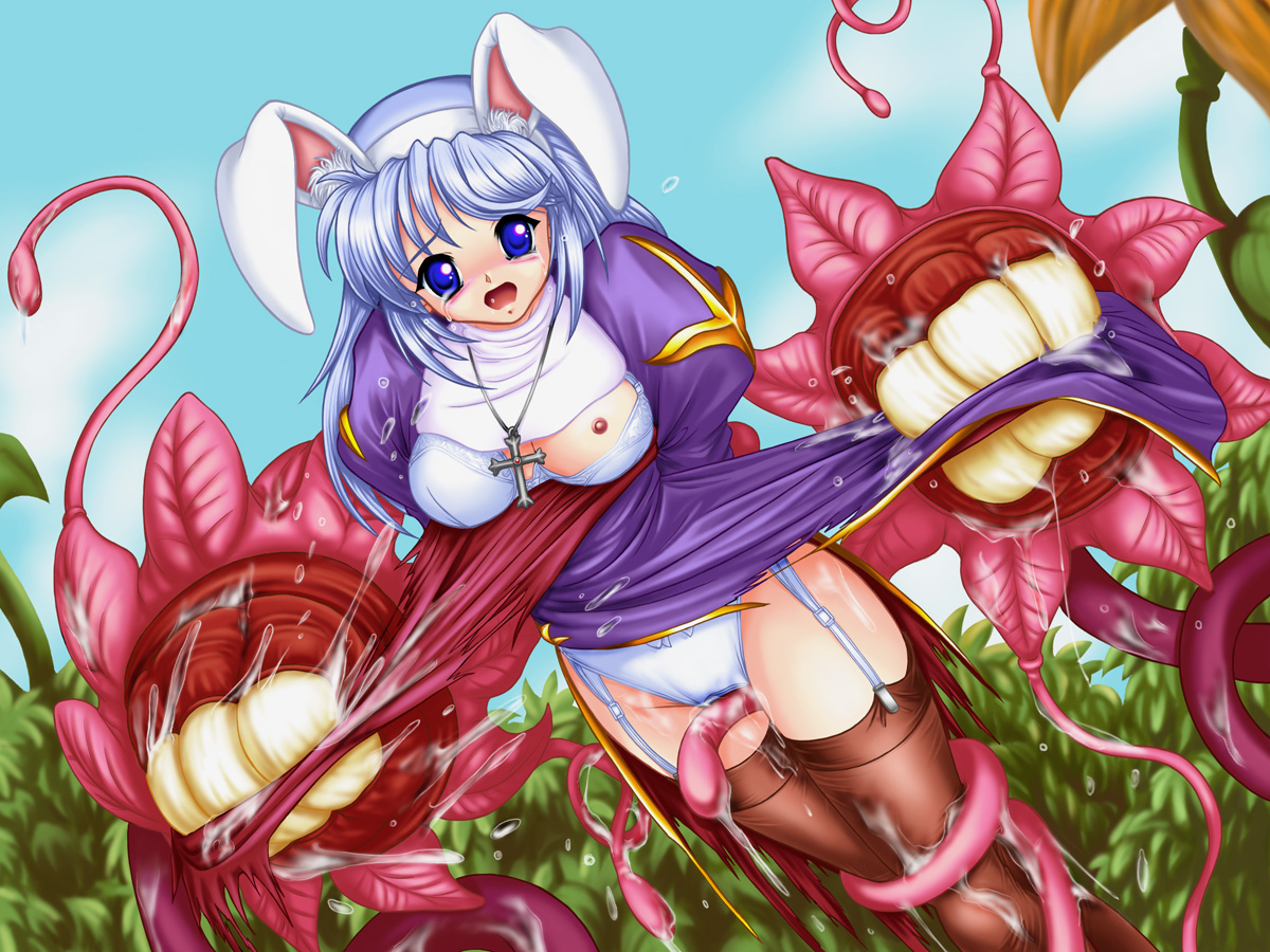 flora (dq5), priest (ragnarok online), ragnarok online, 1girl, animal ears, blue hair, breasts, female focus, medium breasts, panties, priest, priestess, rabbit ears, solo, tentacles, thighhighs, underwear, white panties