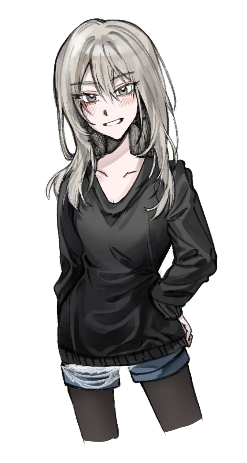 kawaragi momoka, girls band cry, commentary request, highres, korean commentary, 1girl, black pantyhose, black sweater, blue shorts, blush, breasts, cleavage, grey eyes, grey hair, hair between eyes, hand on own hip, kawarock peach, long hair, long sleeves, multicolored hair, open mouth, pantyhose, pantyhose under shorts, roots (hair), shorts, simple background, solo, sweater, white background